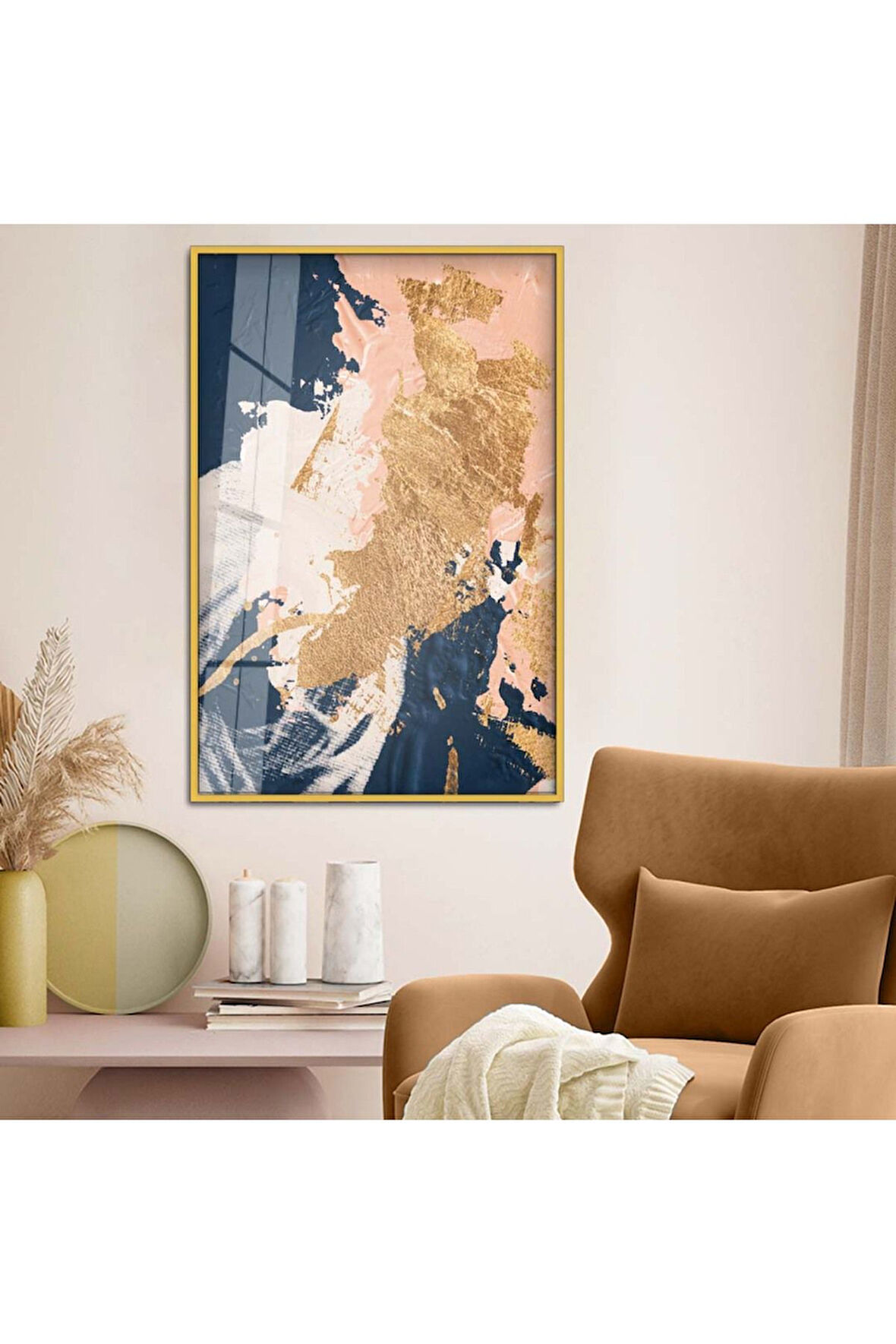 Gümüş Metal Çerçeveli Soyut Tema Modern Çizim Kırılmaz Cam Tablo