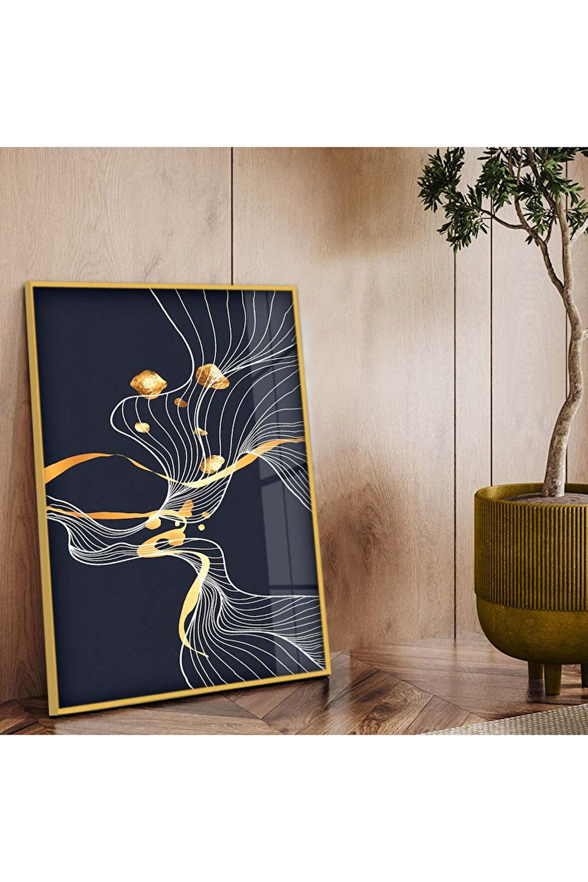 Gold Metal Çerçeveli Kolaj Çizim Kırılmaz Cam Tablo