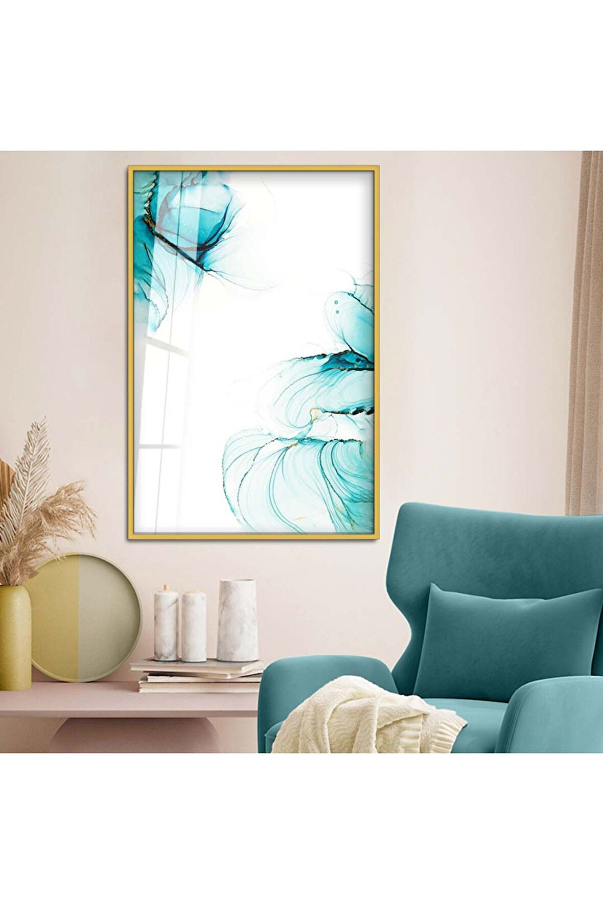 Gümüş Metal Çerçeveli Soyut Tema Modern Çizim Kırılmaz Cam Tablo