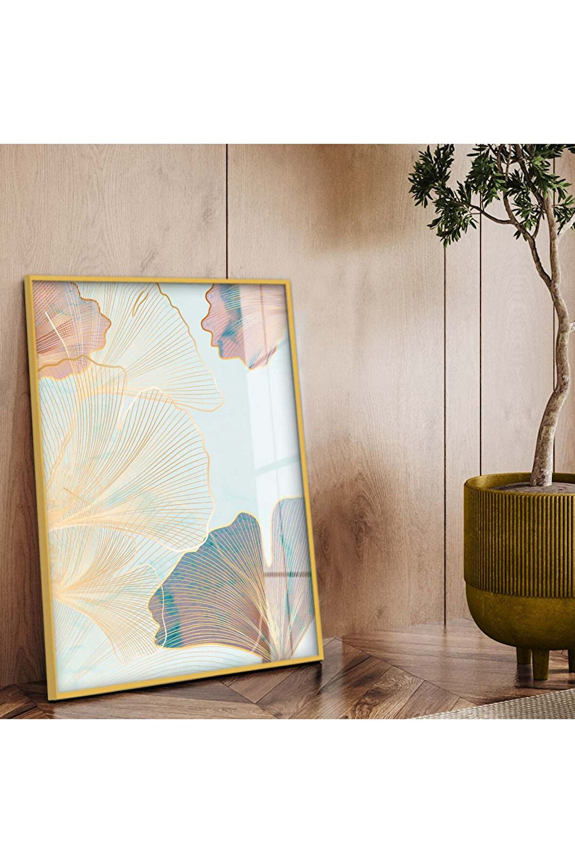 Gold Metal Çerçeveli Kolaj Çizim Çiçek Kırılmaz Cam Tablo