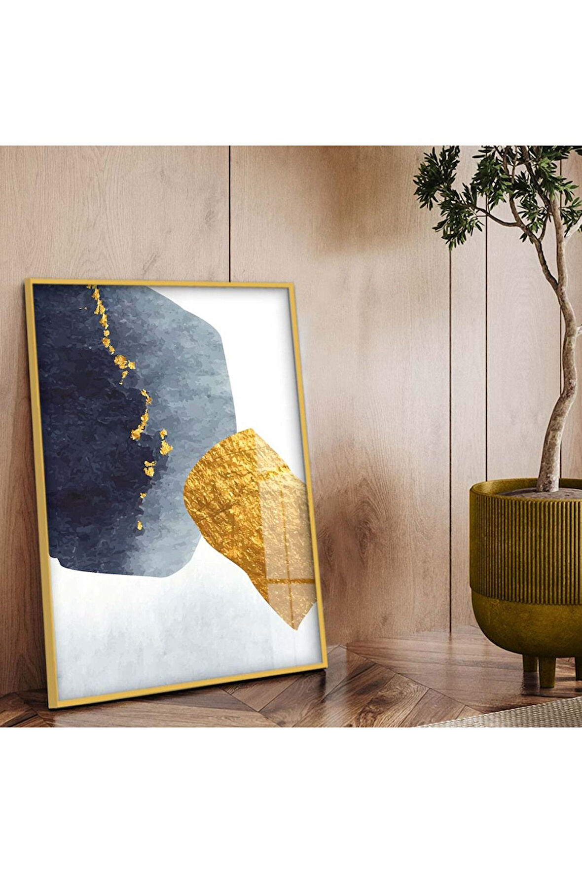 Gold Metal Çerçeveli Soyut Tema Modern Çizim Kırılmaz Cam Tablo