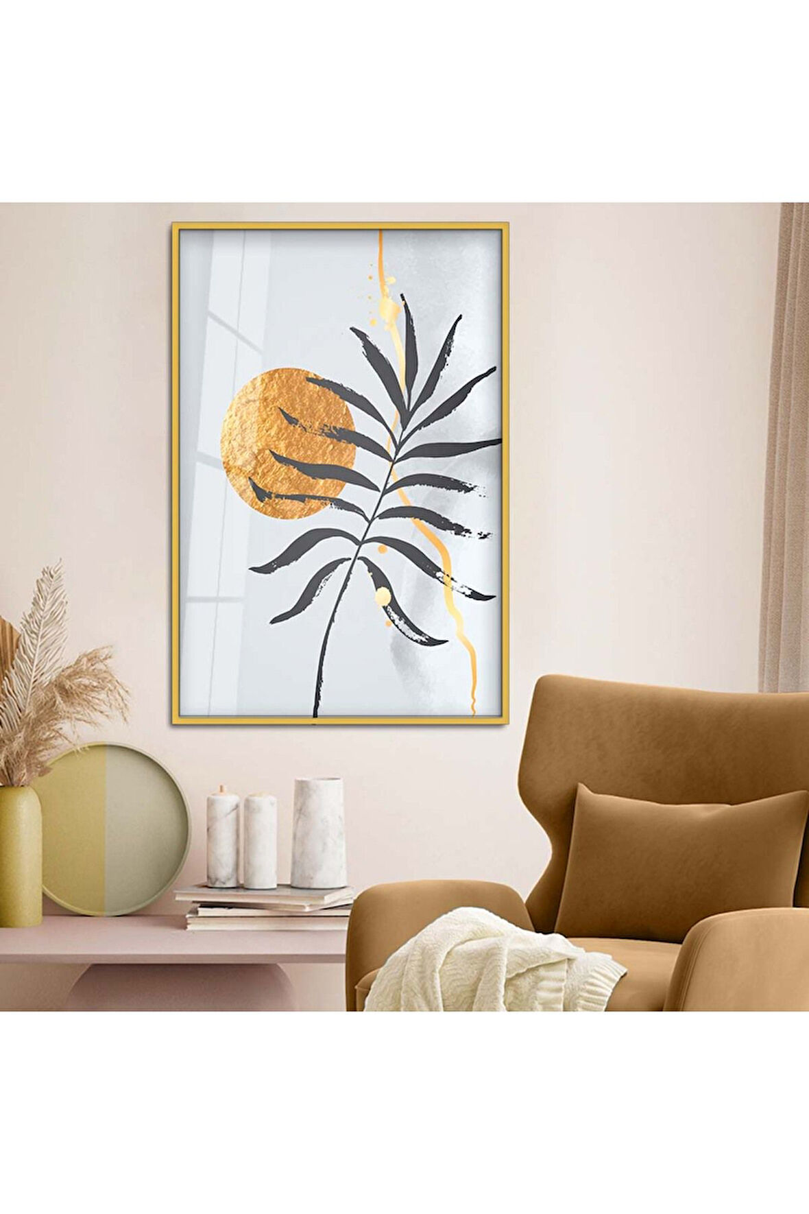 Gümüş Metal Çerçeveli Kolaj Çizim Yaprak Desen Kırılmaz Cam Tablo