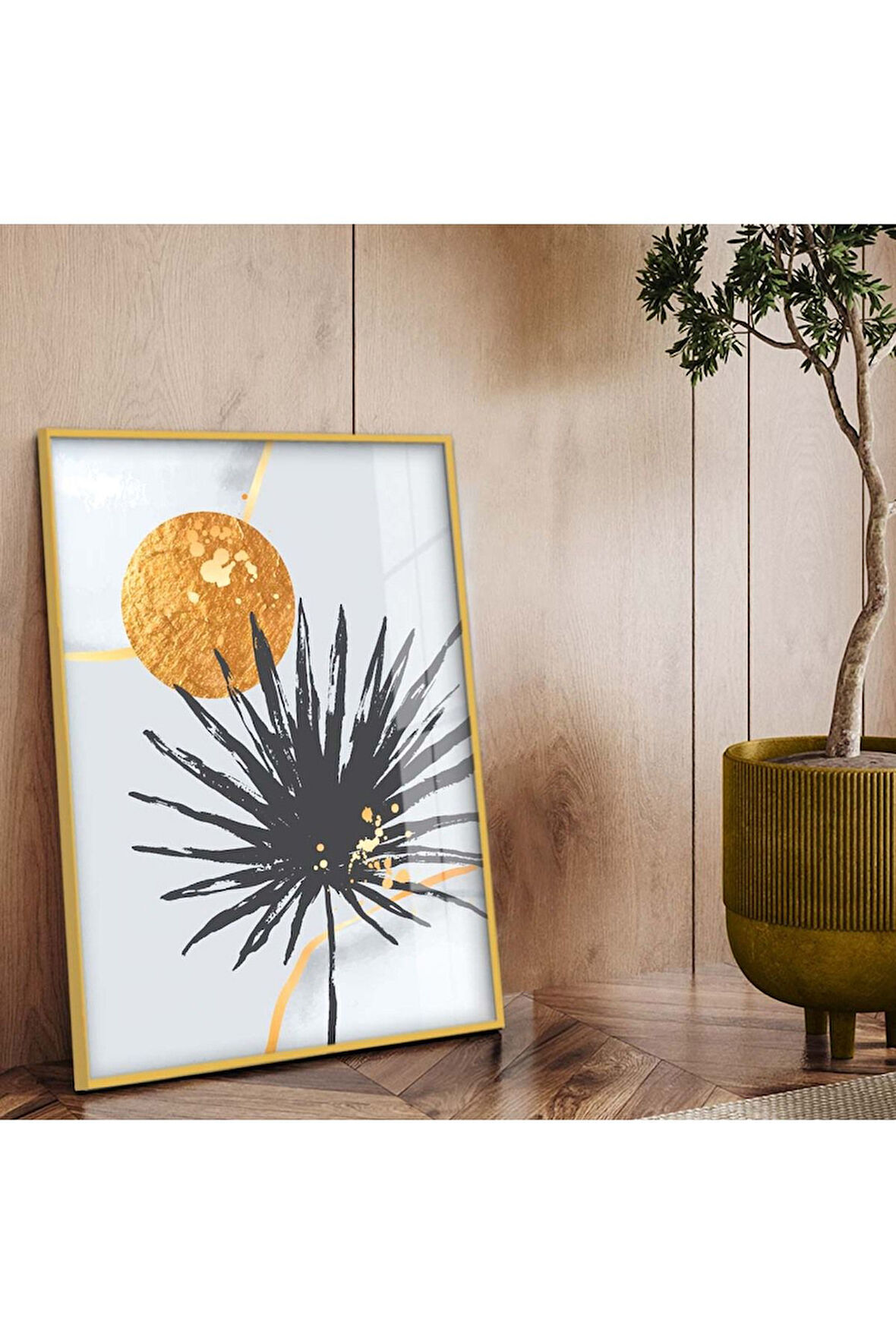 Gold Metal Çerçeveli Kolaj Çizim Yaprak Desen Kırılmaz Cam Tablo