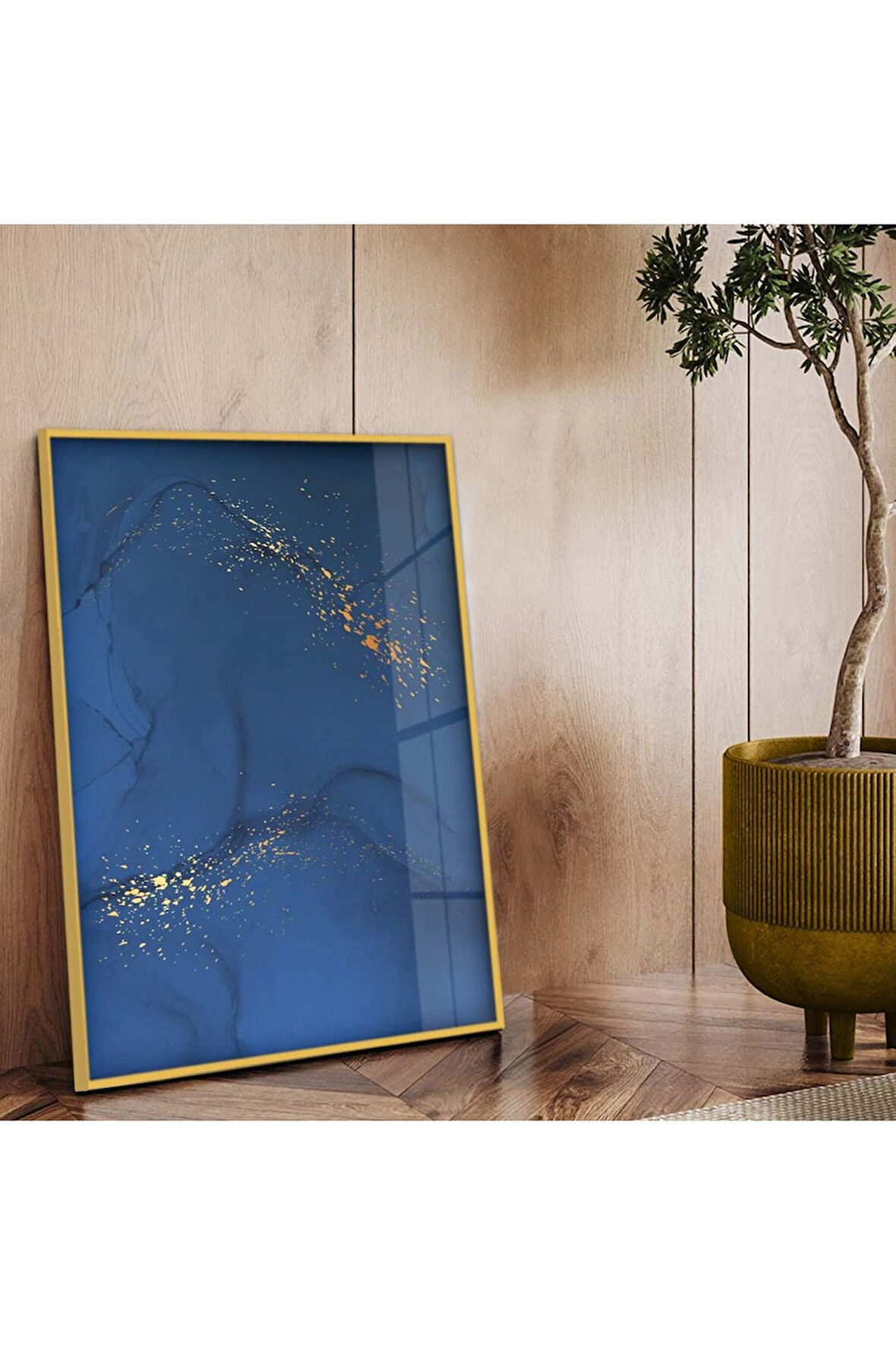 Gold Metal Çerçeveli Soyut Çizim Mavi Tema Kırılmaz Cam Tablo