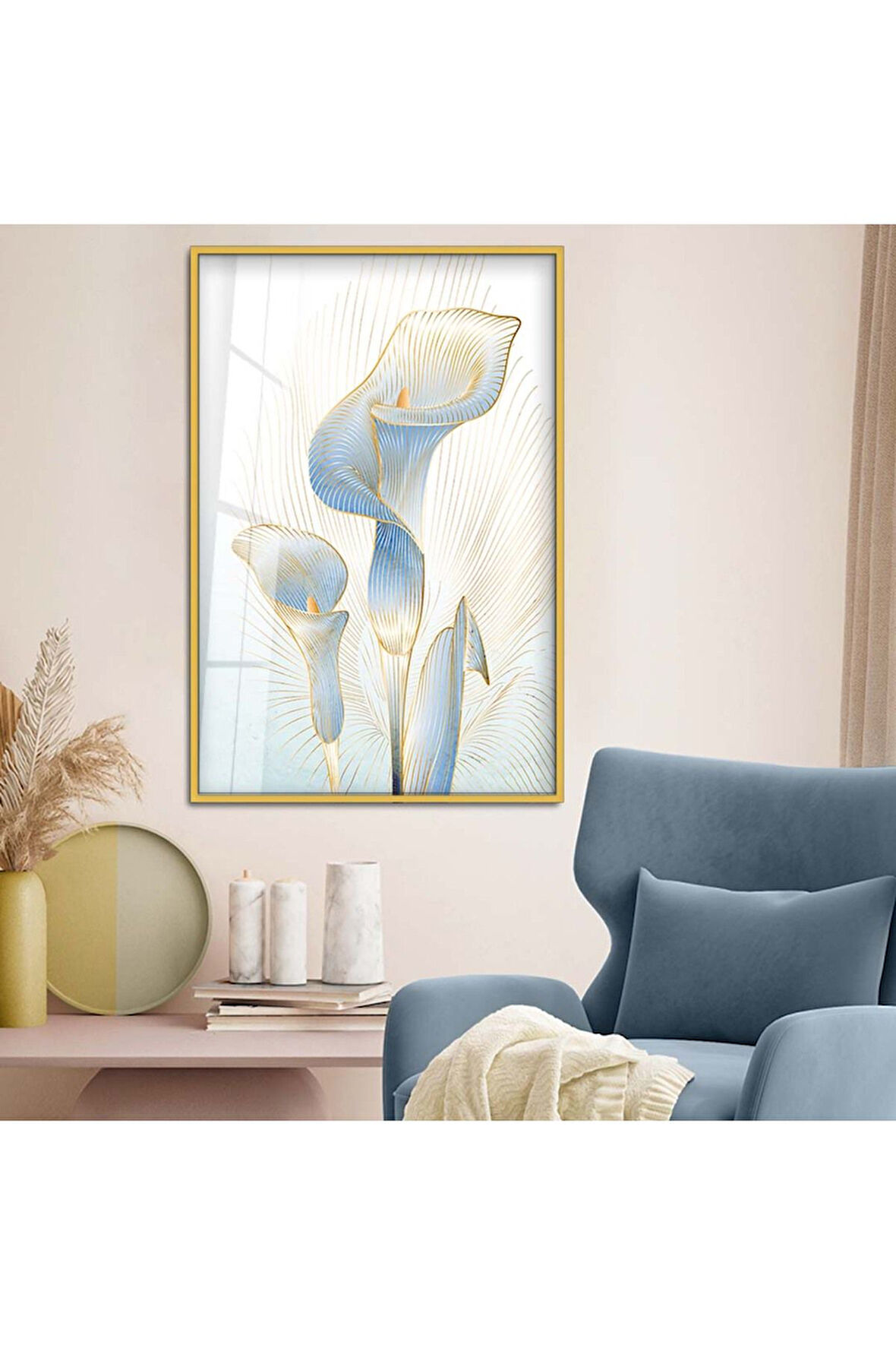 Gümüş Metal Çerçeveli Modern Çizim Çiçek Desen Kırılmaz Cam Tablo