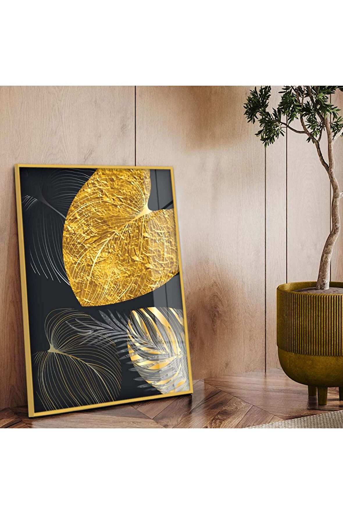 Gold Metal Çerçeveli Kolaj Çizim Yaprak Desen Kırılmaz Cam Tablo