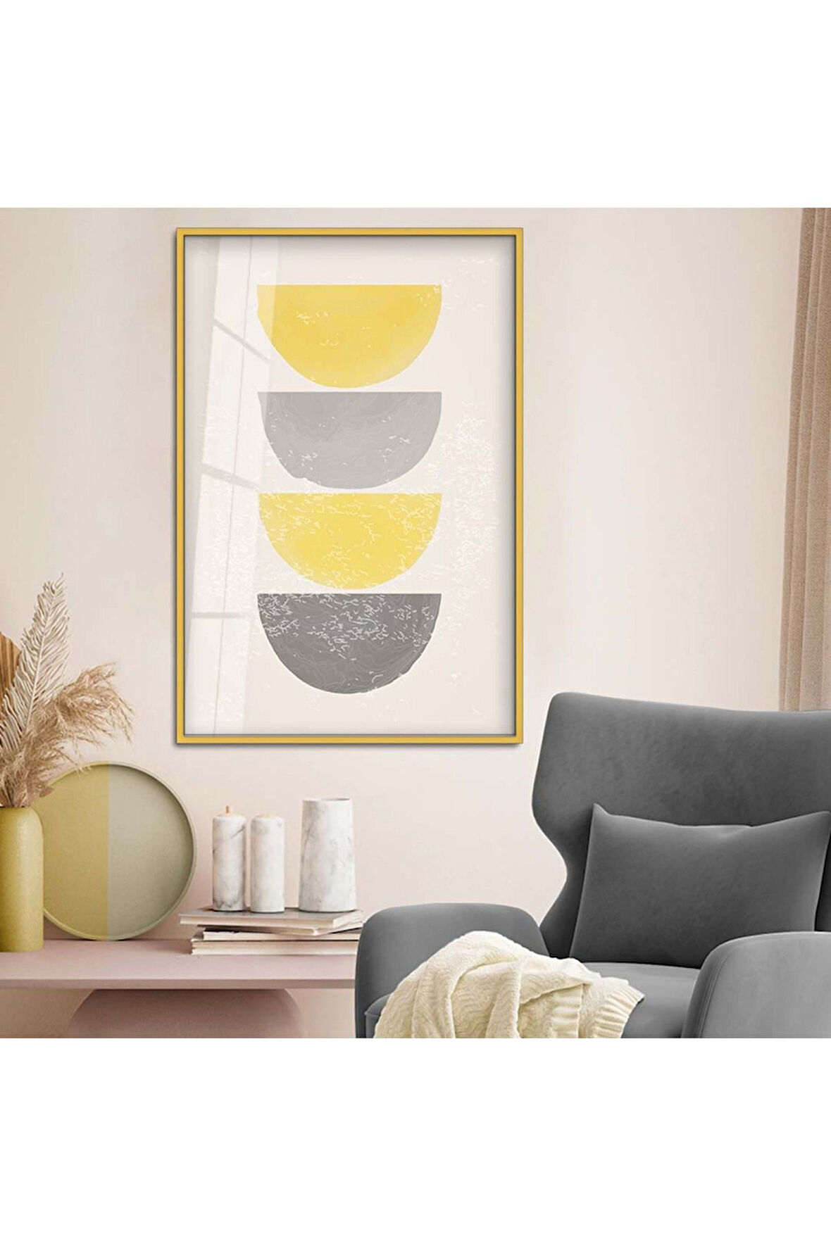 Gümüş Metal Çerçeveli Kolaj Çizim Soyut Tema Kırılmaz Cam Tablo