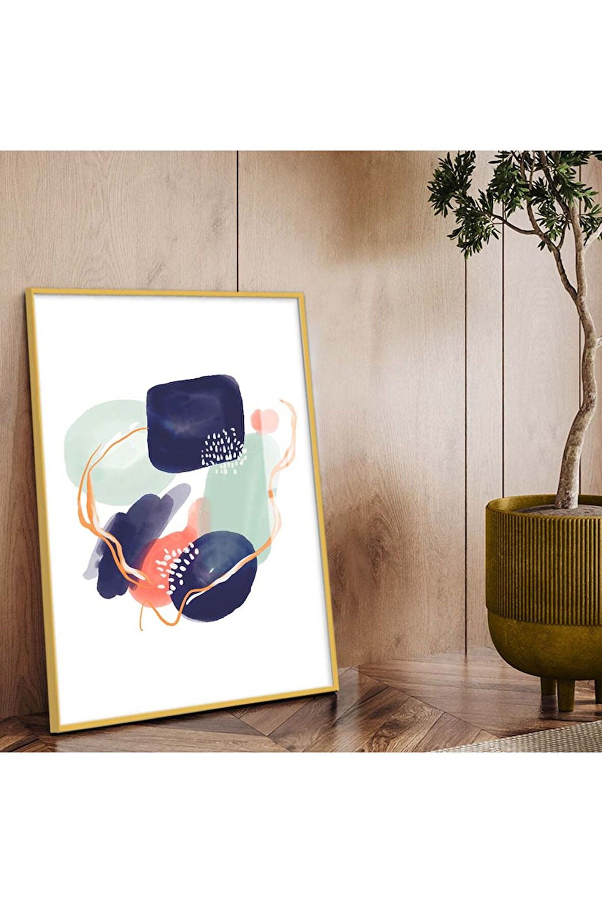 Gold Metal Çerçeveli Kolaj Çizim Soyut Tema Kırılmaz Cam Tablo