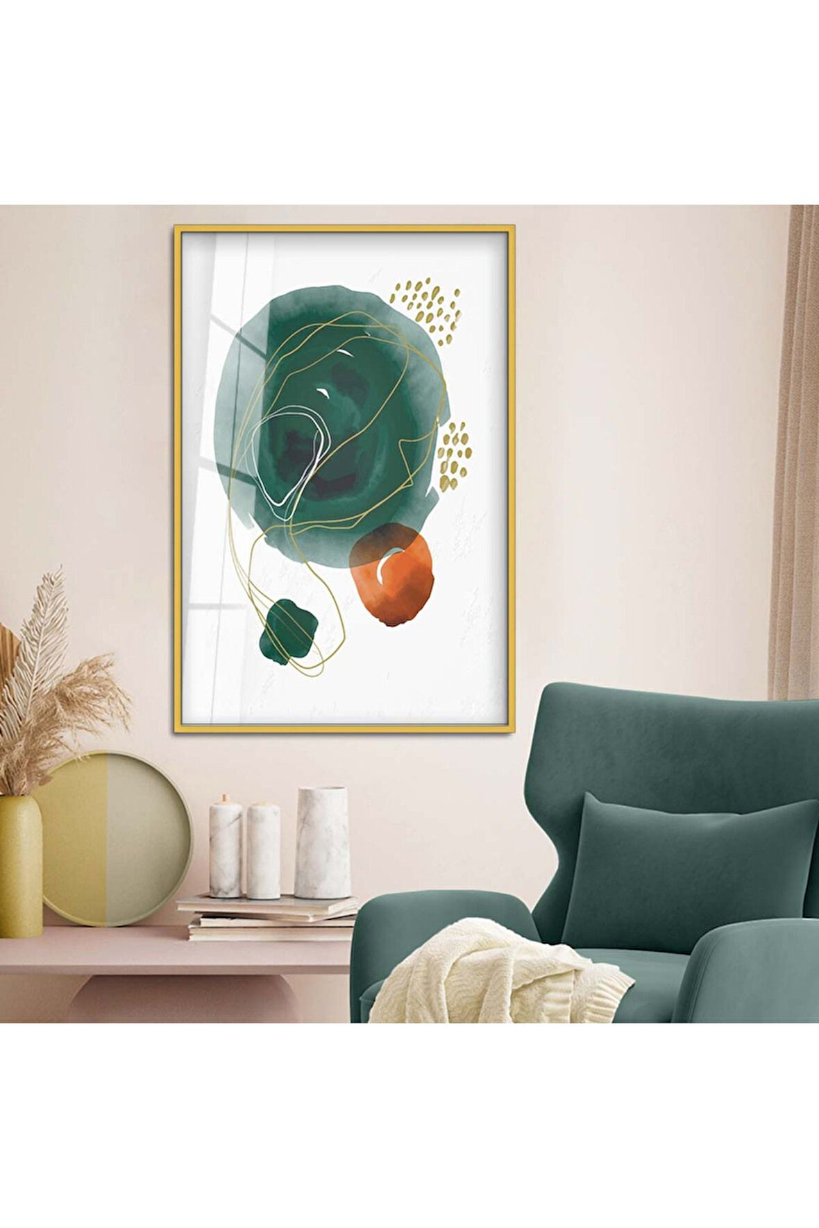 Gümüş Metal Çerçeveli Kolaj Çizim Soyut Tema Kırılmaz Cam Tablo