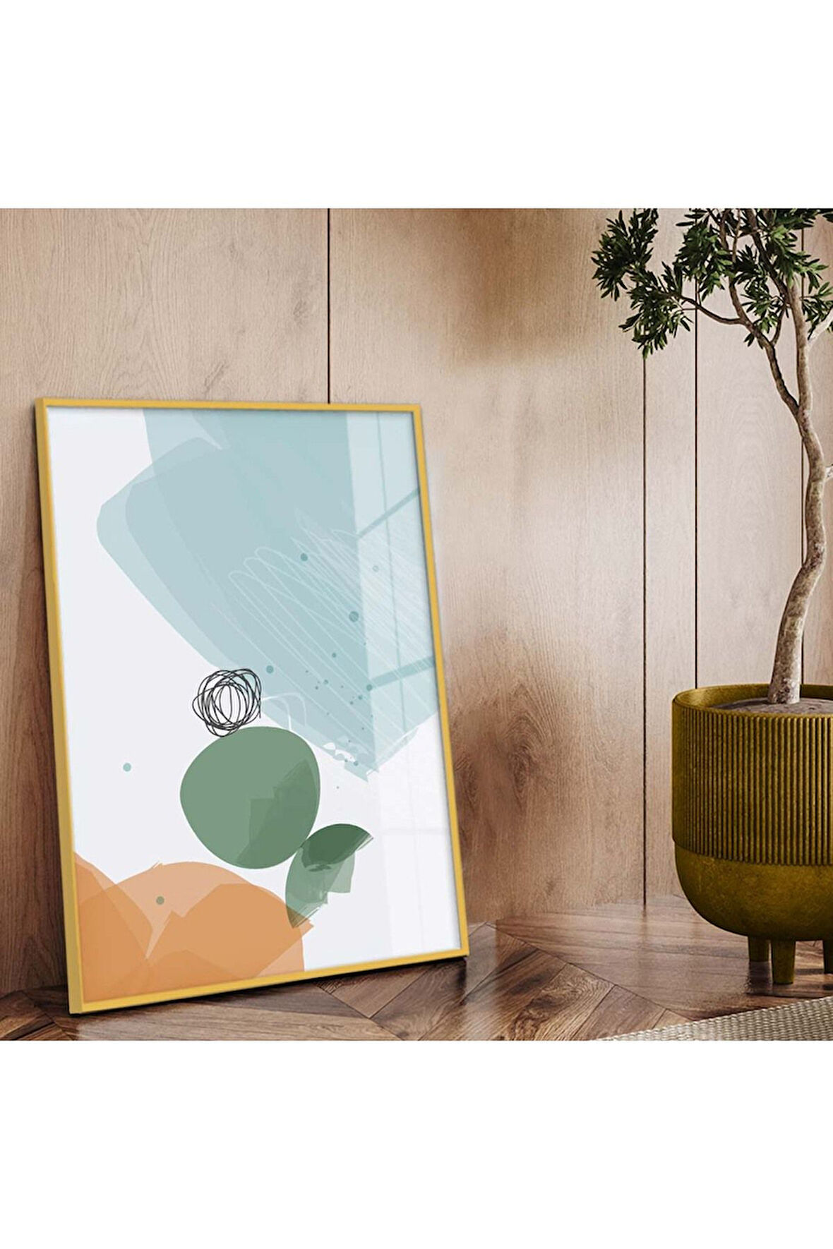 Gold Metal Çerçeveli Kolaj Çizim Soyut Tema Kırılmaz Cam Tablo