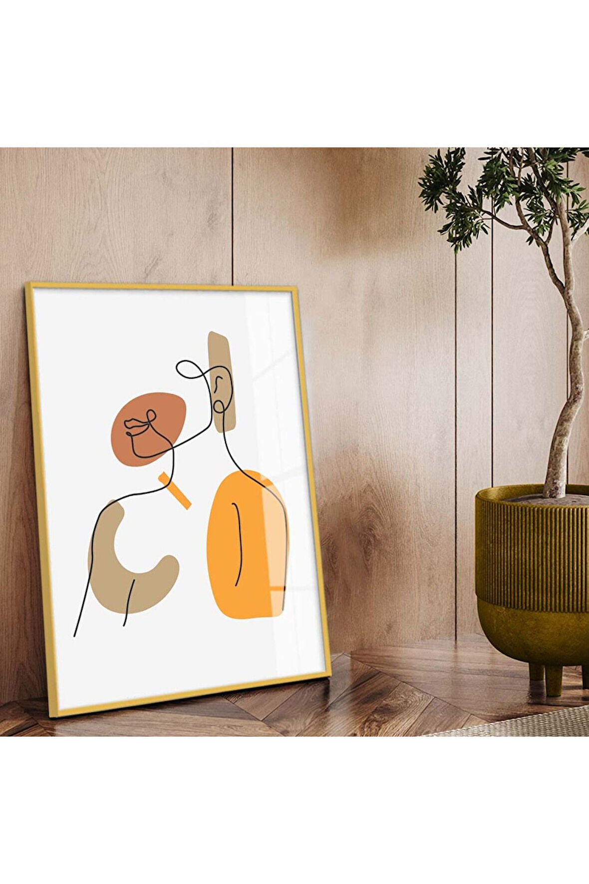 Gold Metal Çerçeveli Kolaj Çizim Soyut Tema Kırılmaz Cam Tablo