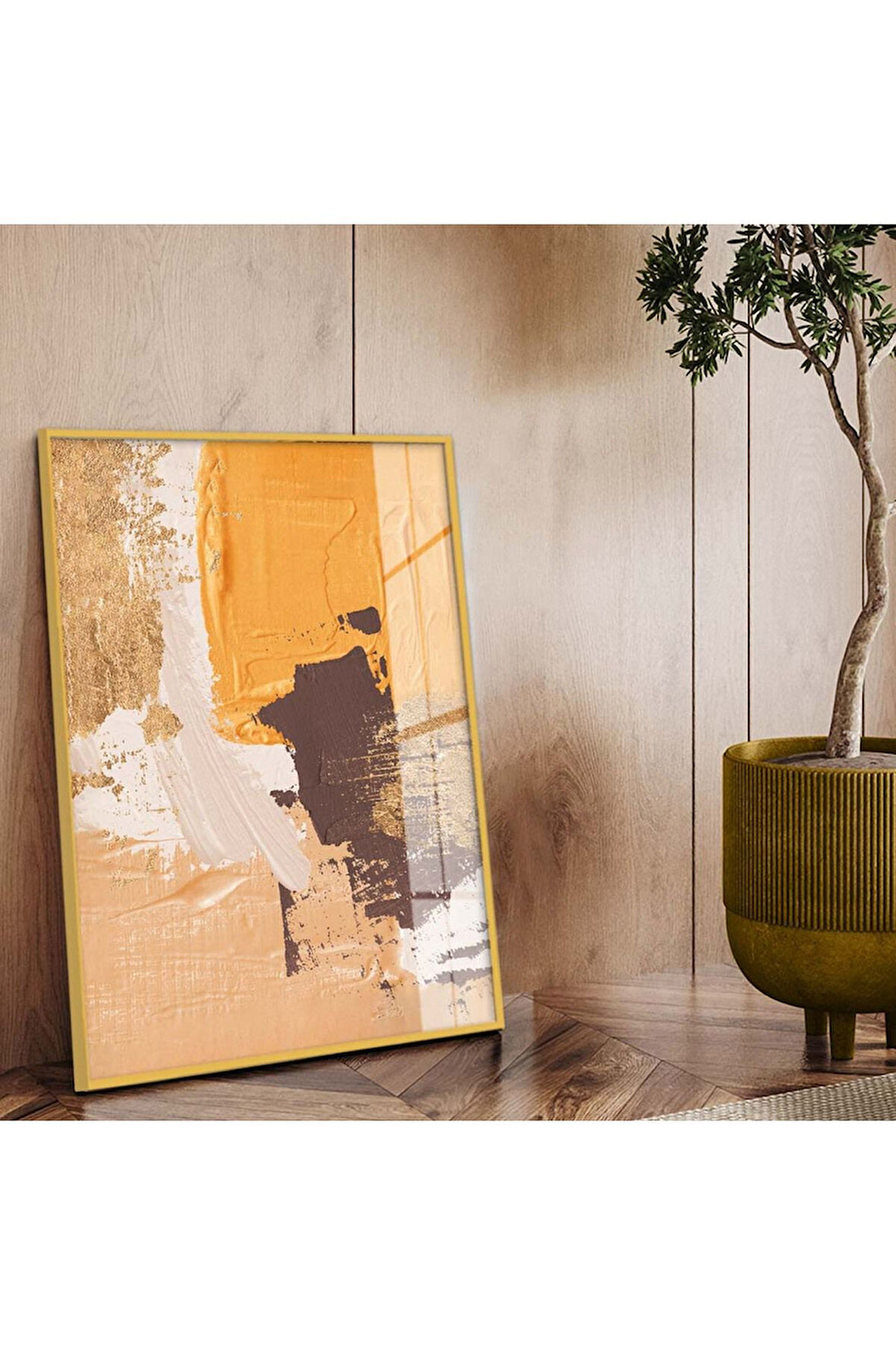 Gold Metal Çerçeveli Modern Çizim Soyut Tema Kırılmaz Cam Tablo