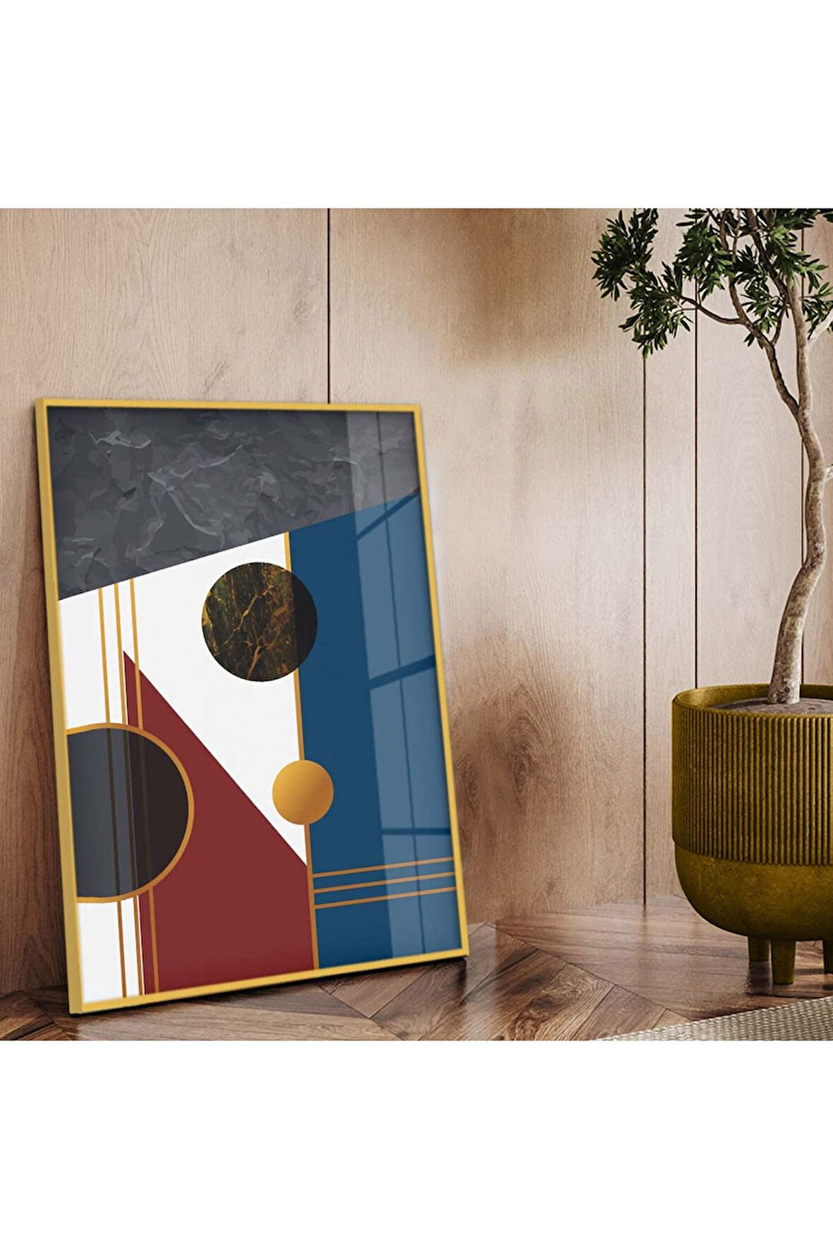 Gold Metal Çerçeveli Modern Çizim Geometrik Desen Kırılmaz Cam Tablo