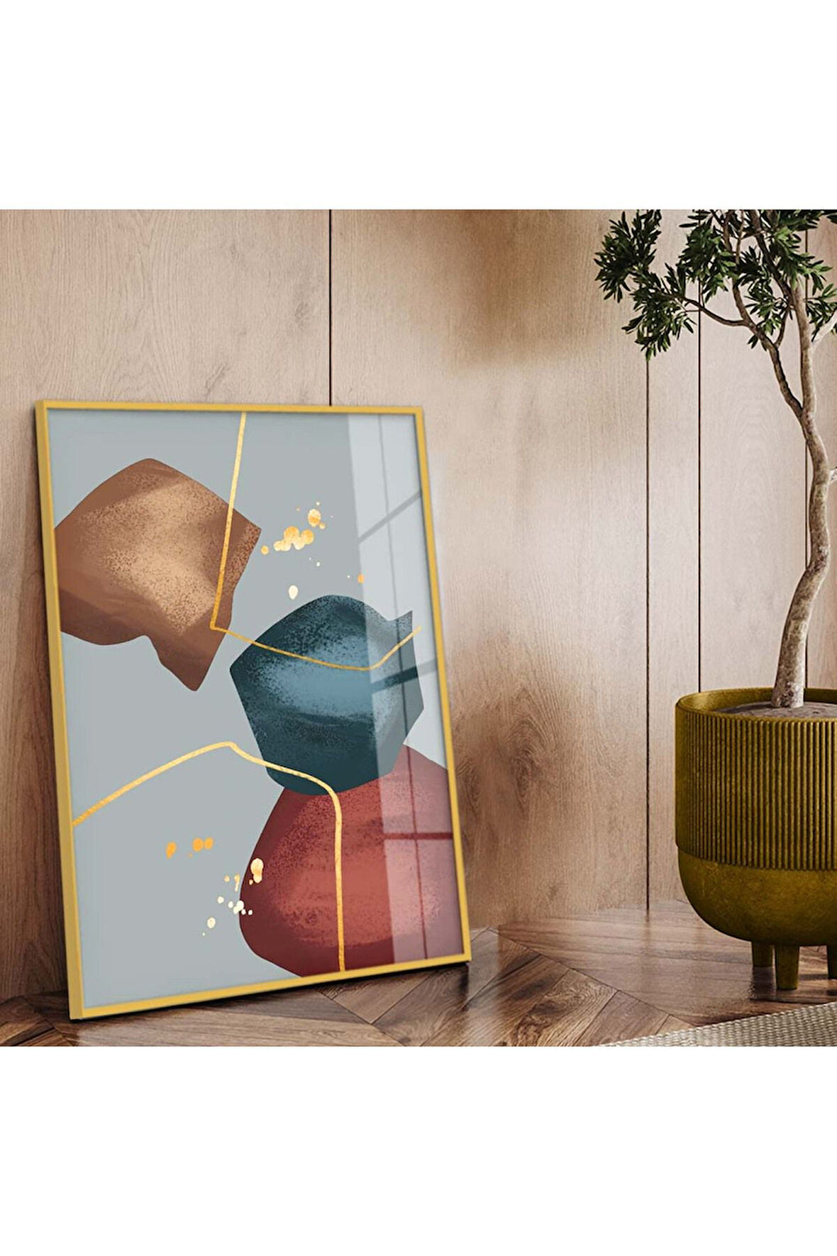 Gold Metal Çerçeveli Kolaj Çizim Soyut Tema Kırılmaz Cam Tablo