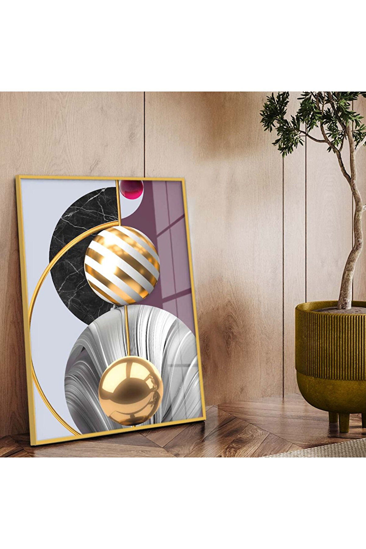 Gold Metal Çerçeveli Geometrik Çizim Soyut Tema Kırılmaz Cam Tablo