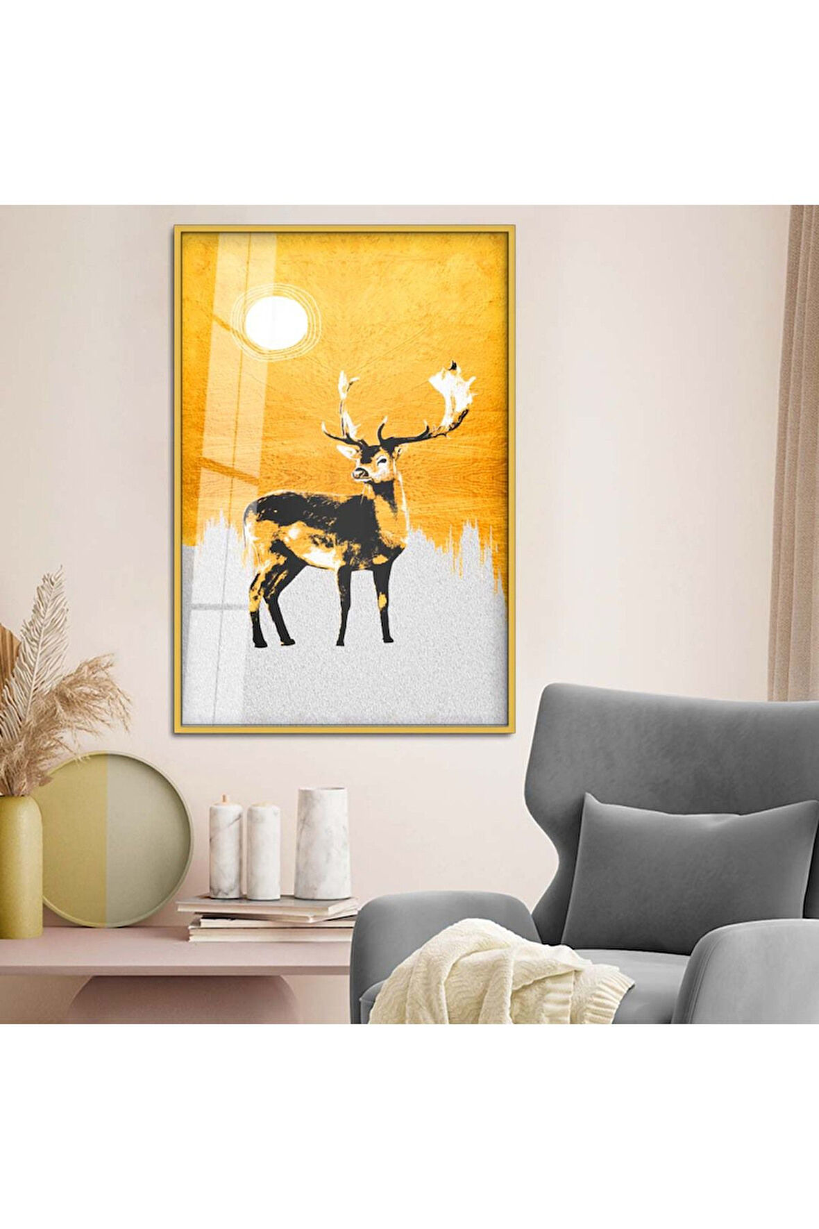 Siyah Metal Çerçeveli Modern Çizim Geyik Tema Kırılmaz Cam Tablo