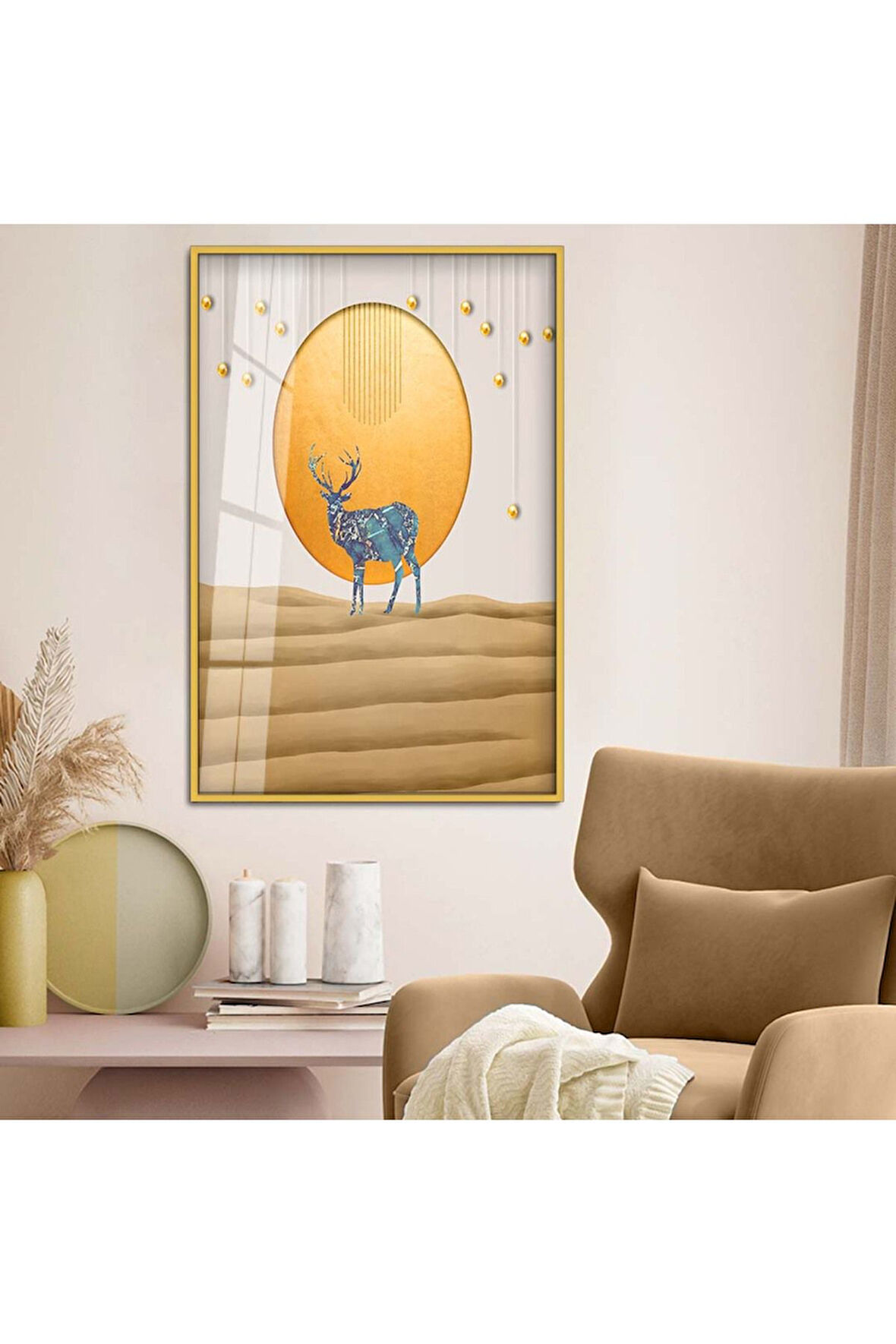 Siyah Metal Çerçeveli Modern Çizim Geyik Tema Kırılmaz Cam Tablo