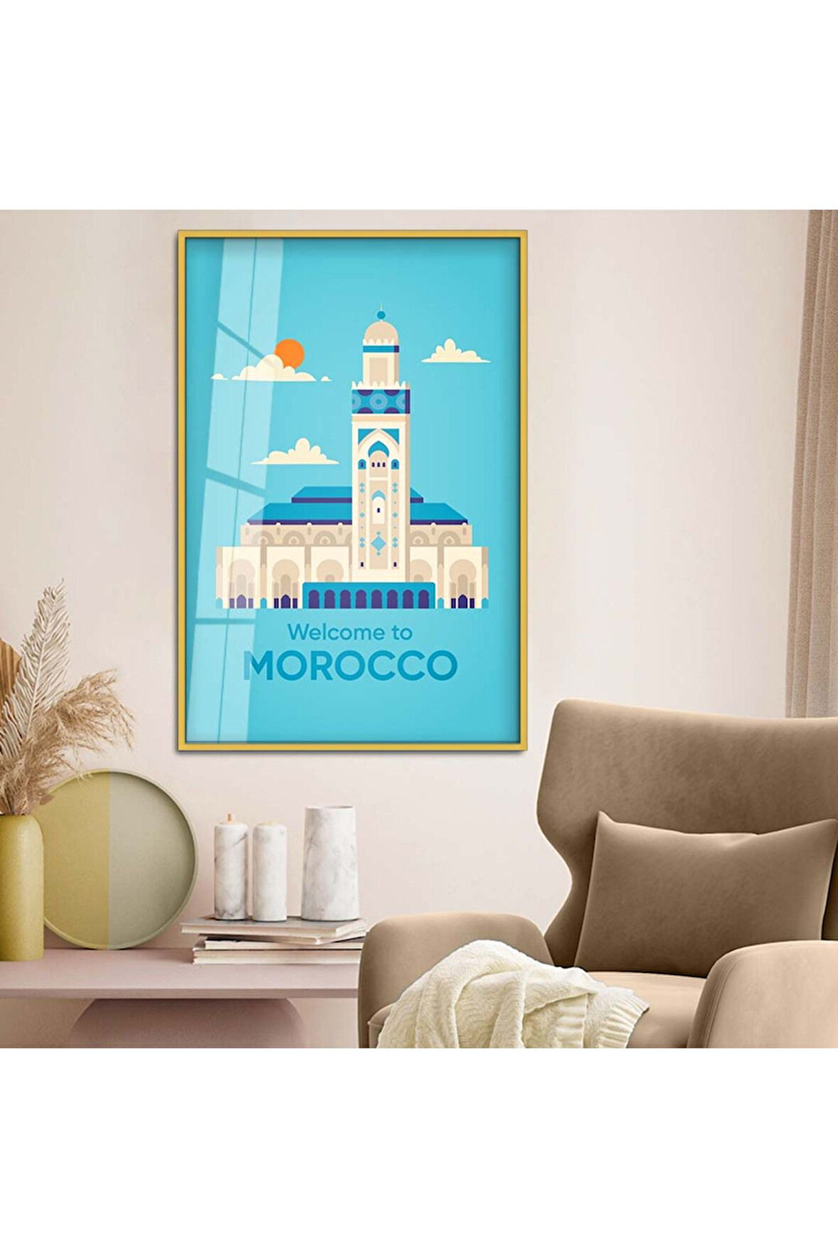 Gümüş Metal Çerçeveli Modern Çizim Seyahat Tema Kırılmaz Cam Tablo