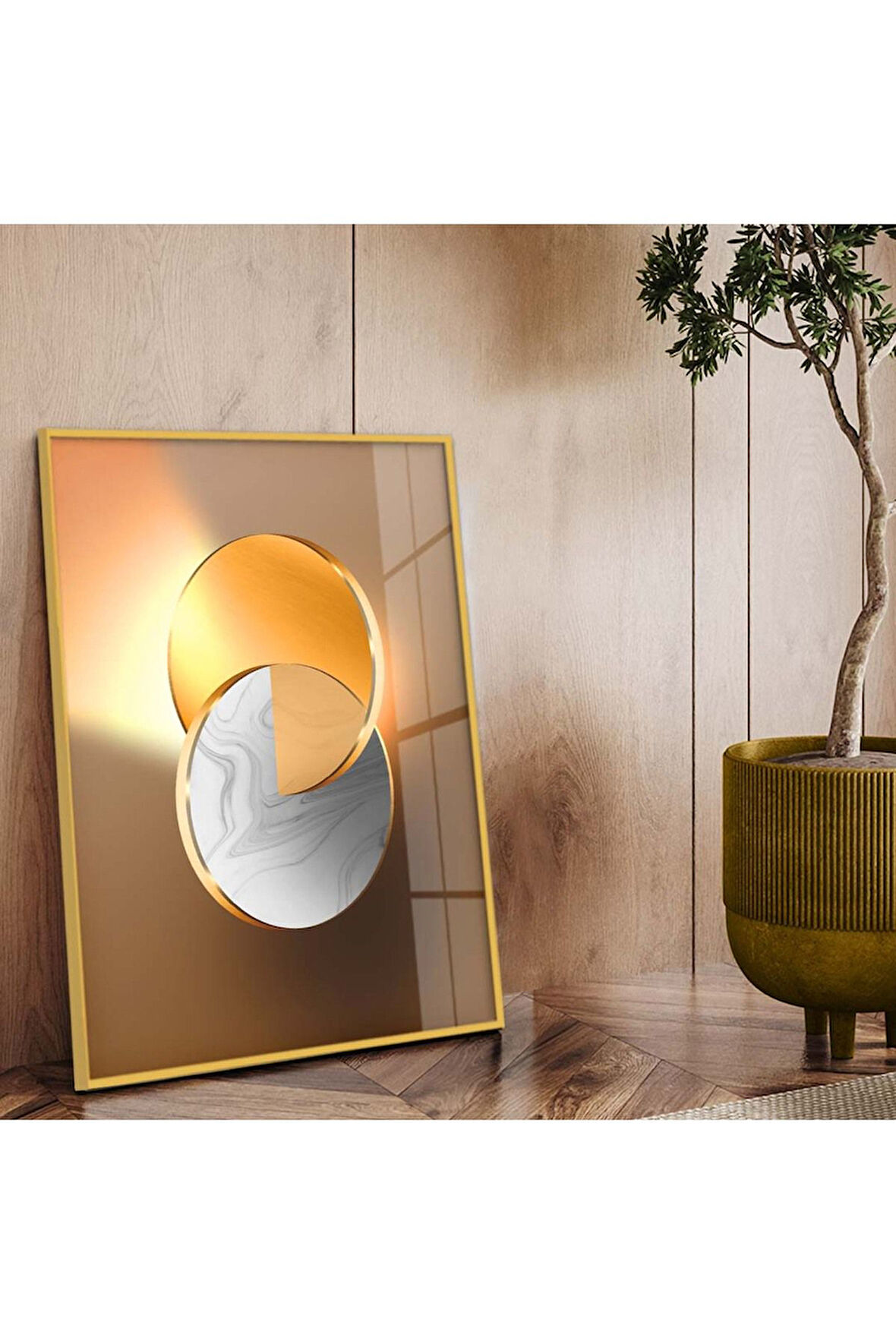 Gold Metal Çerçeveli Geometrik Çizim Soyut Tema Kırılmaz Cam Tablo