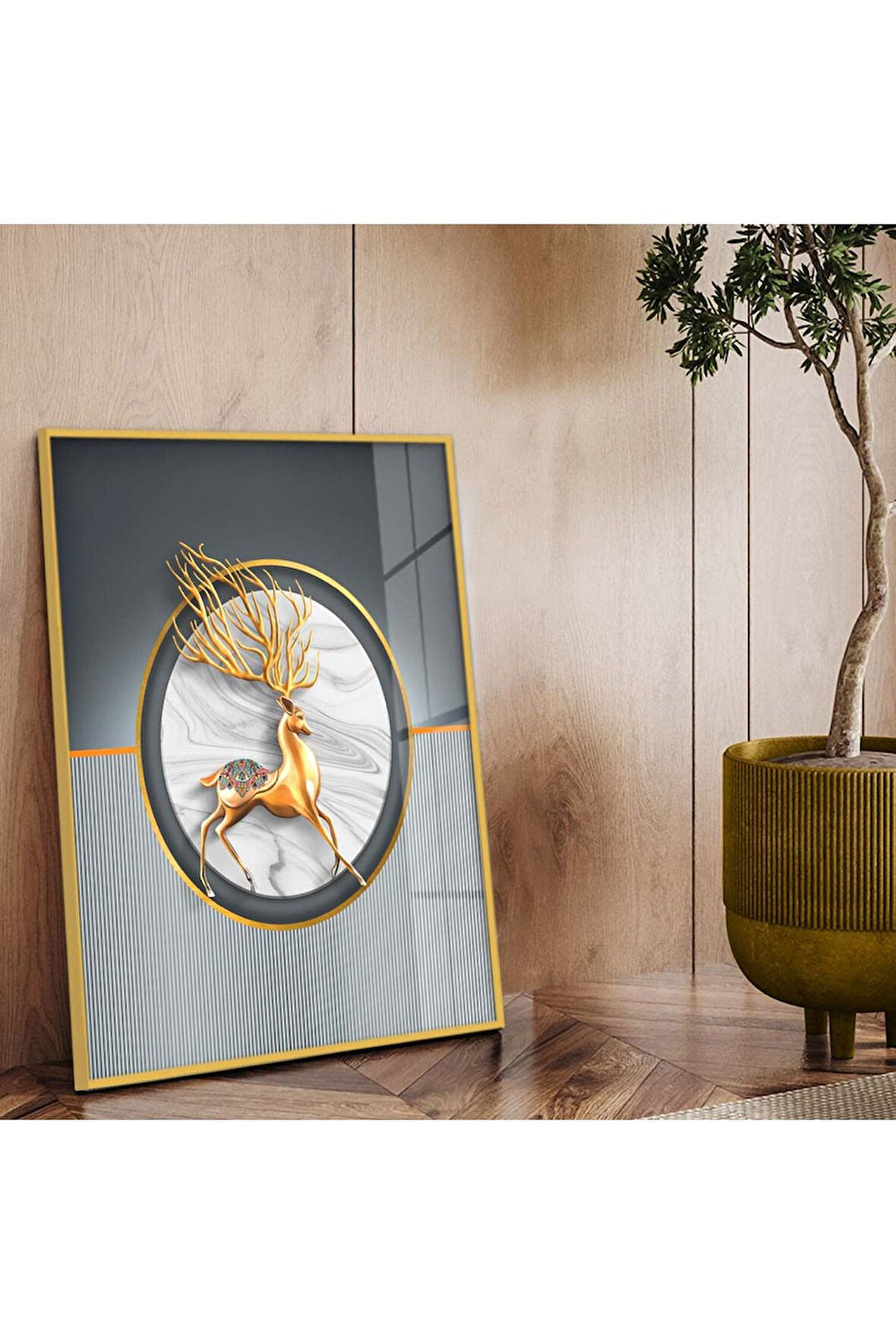 Gold Metal Çerçeveli Modern Çizim Geyik Tema Kırılmaz Cam Tablo