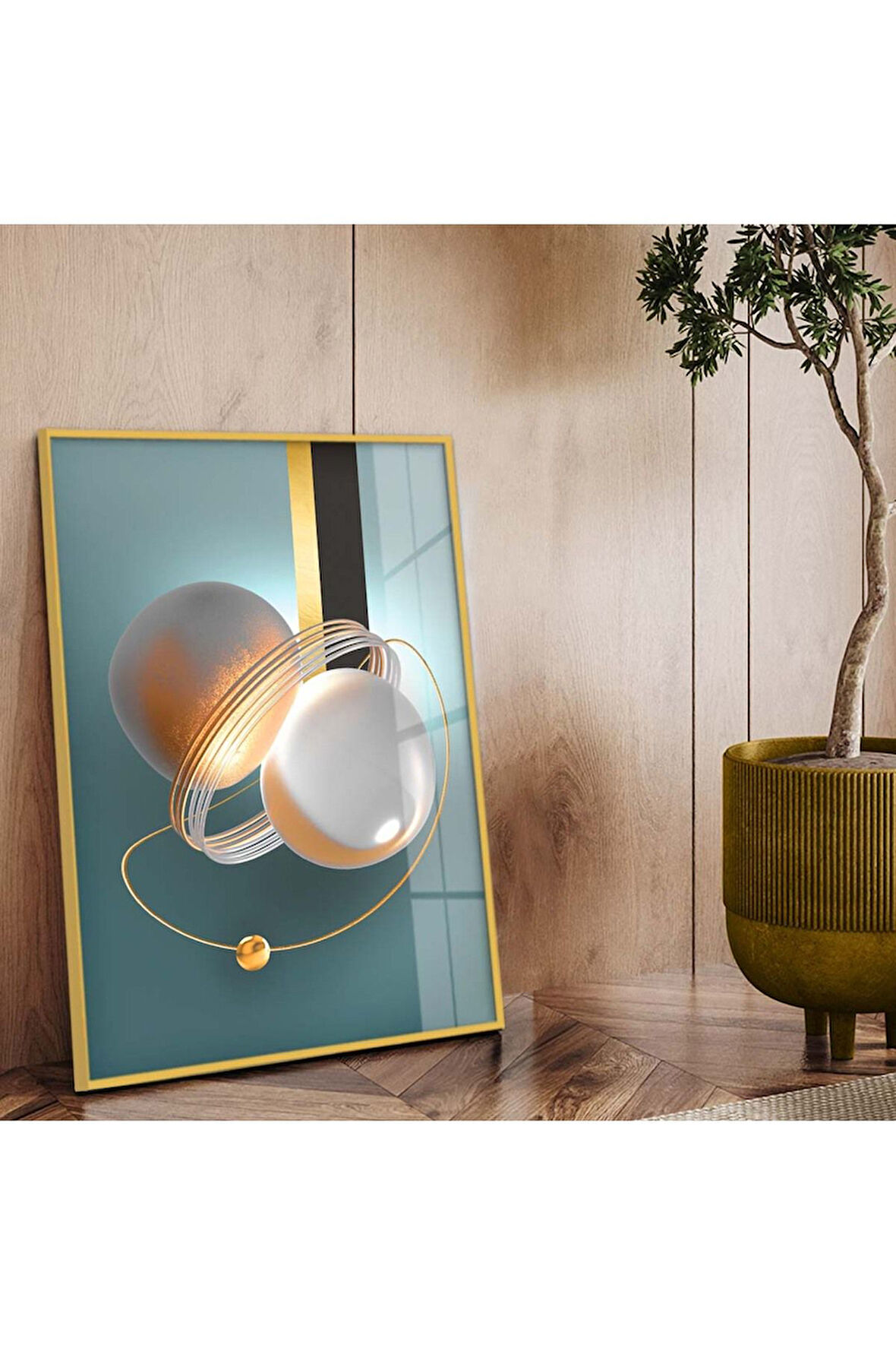 Gold Metal Çerçeveli Geometrik Çizim Soyut Tema Kırılmaz Cam Tablo