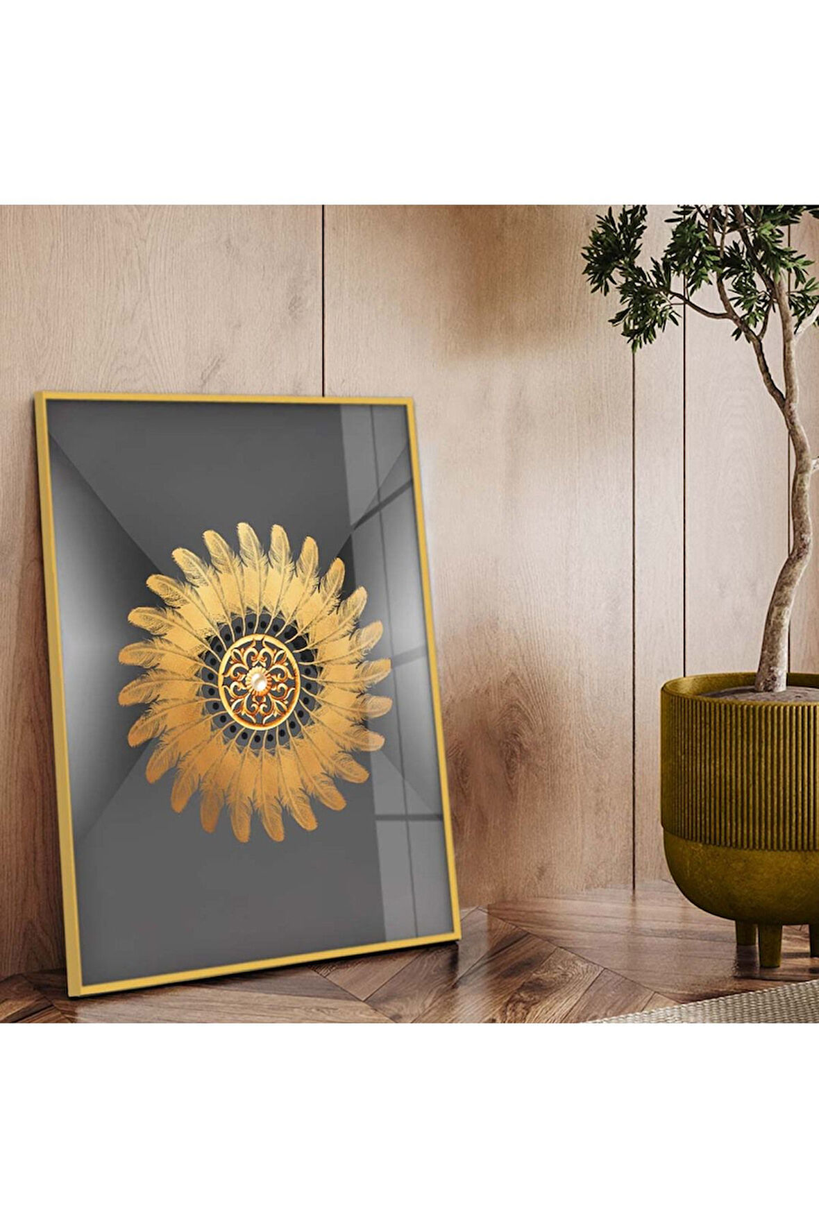 Gold Metal Çerçeveli Kolaj Çizim Modern Tema Kırılmaz Cam Tablo