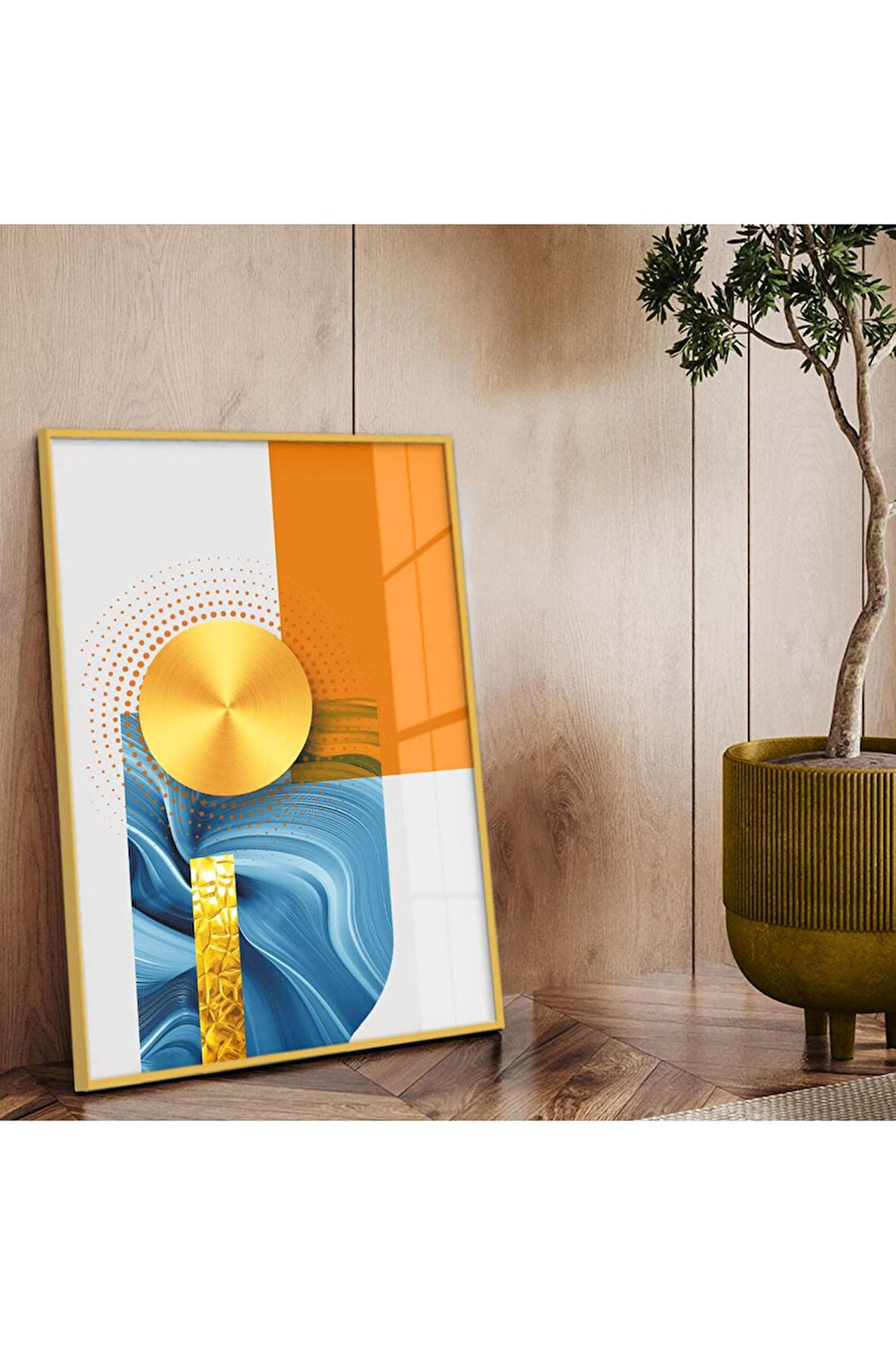 Gold Metal Çerçeveli Geometrik Çizim Soyut Tema Kırılmaz Cam Tablo