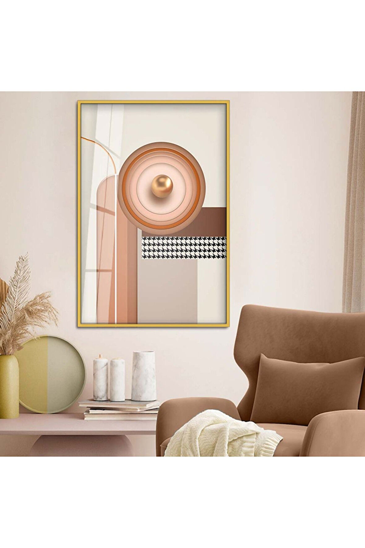 Gümüş Metal Çerçeveli Geometrik Çizim Soyut Tema Kırılmaz Cam Tablo