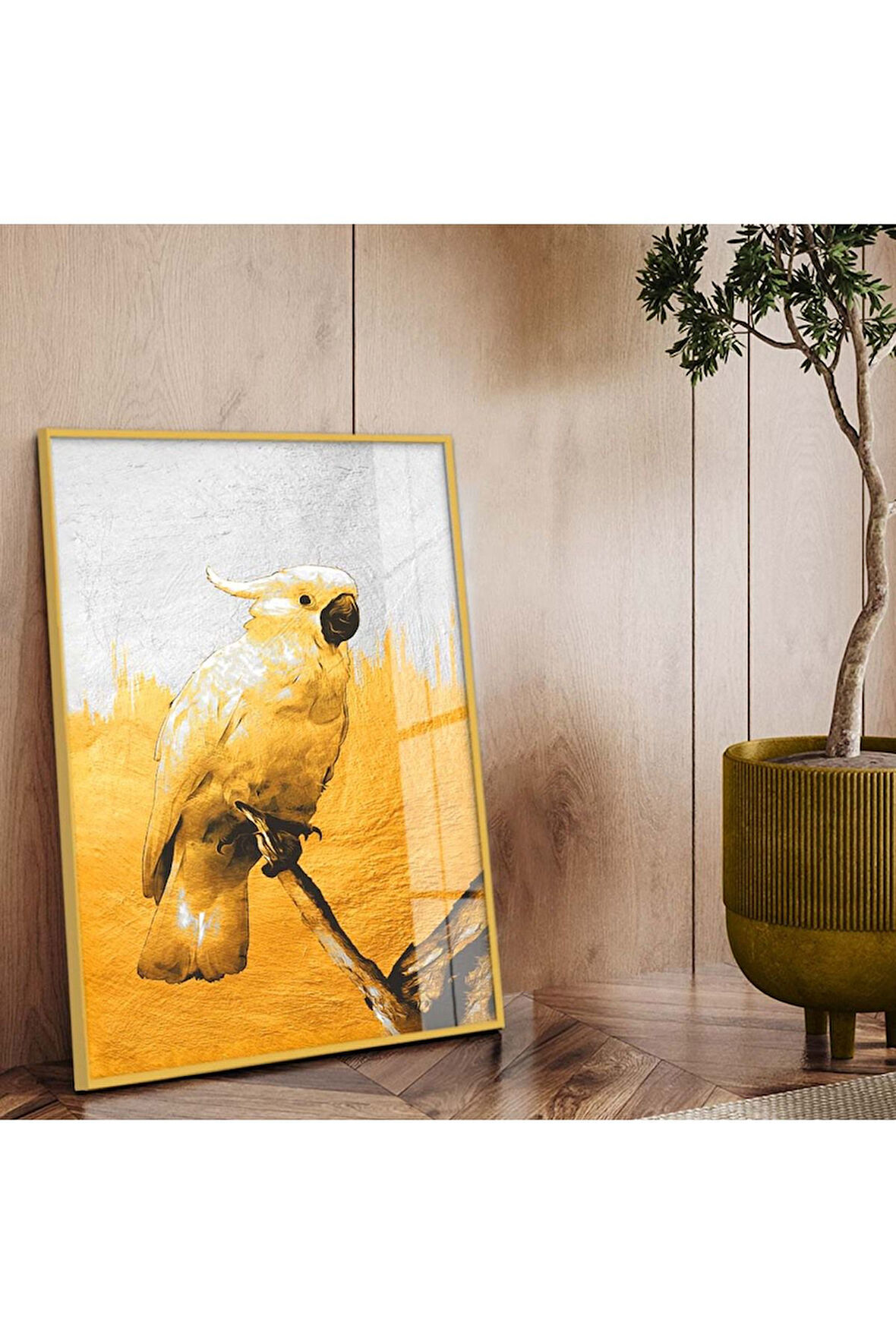 Gold Metal Çerçeveli Modern Çizim Papağan Figür Kırılmaz Cam Tablo