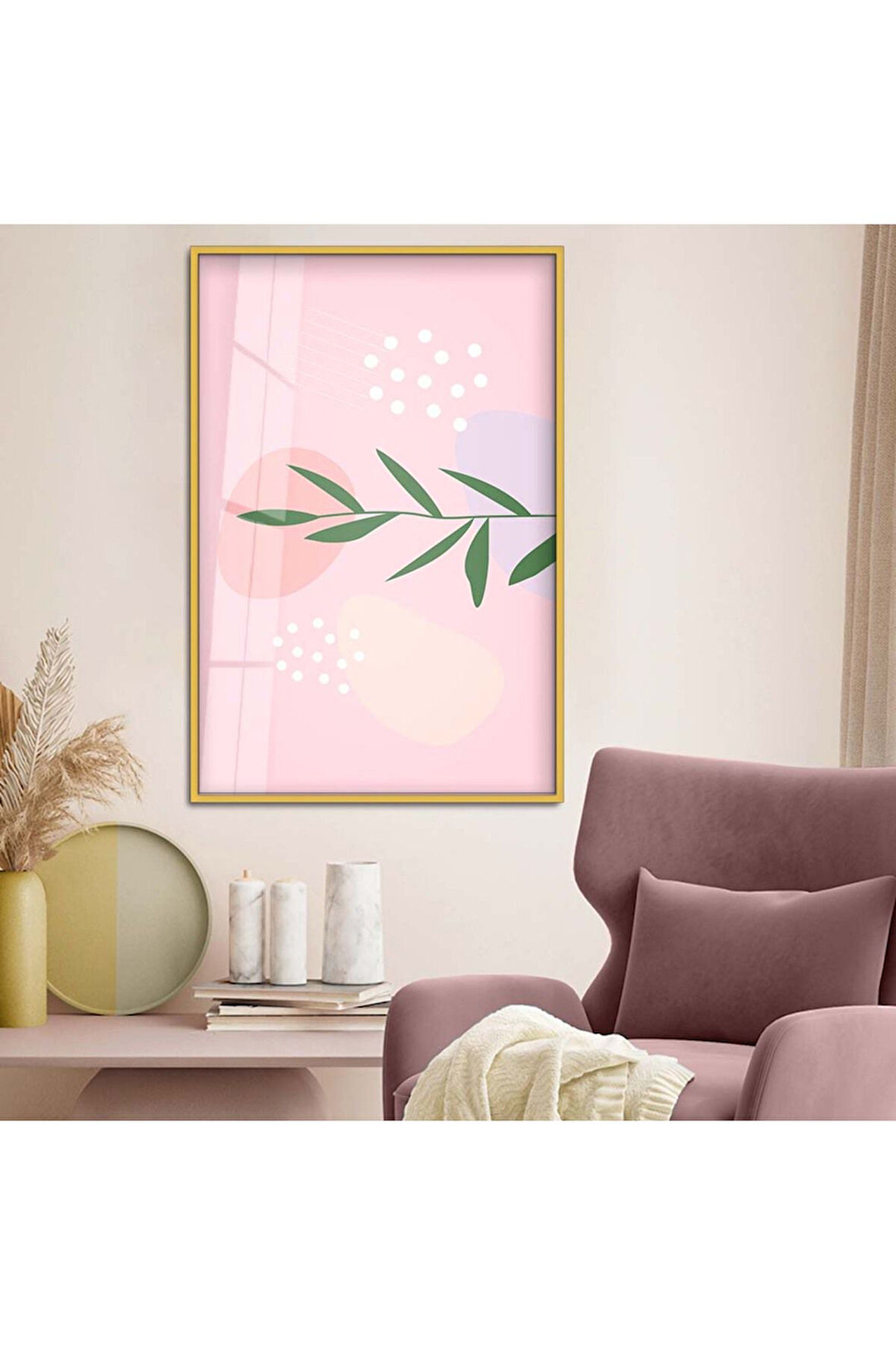 Siyah Metal Çerçeveli Modern Çizim Yaprak Tema Kırılmaz Cam Tablo