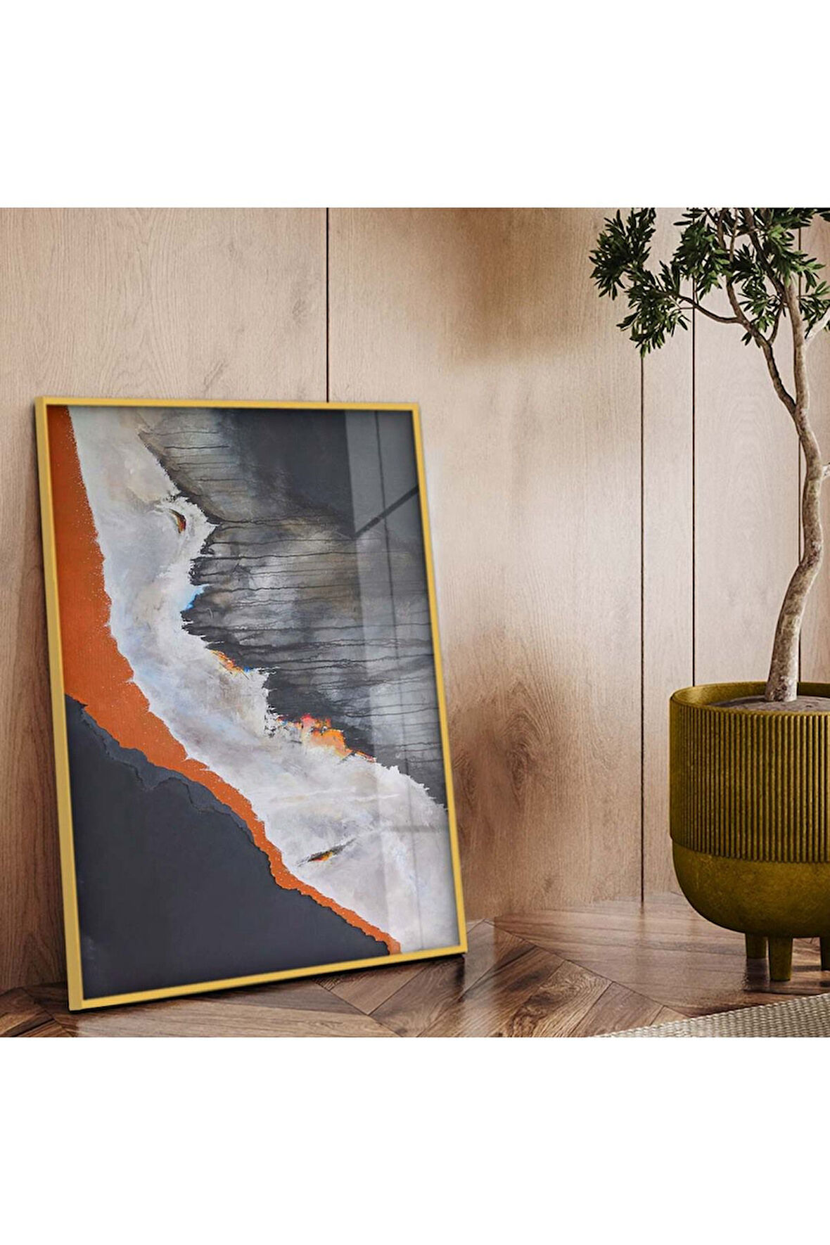 Gold Metal Çerçeveli Kolaj Çizim Kırılmaz Cam Tablo