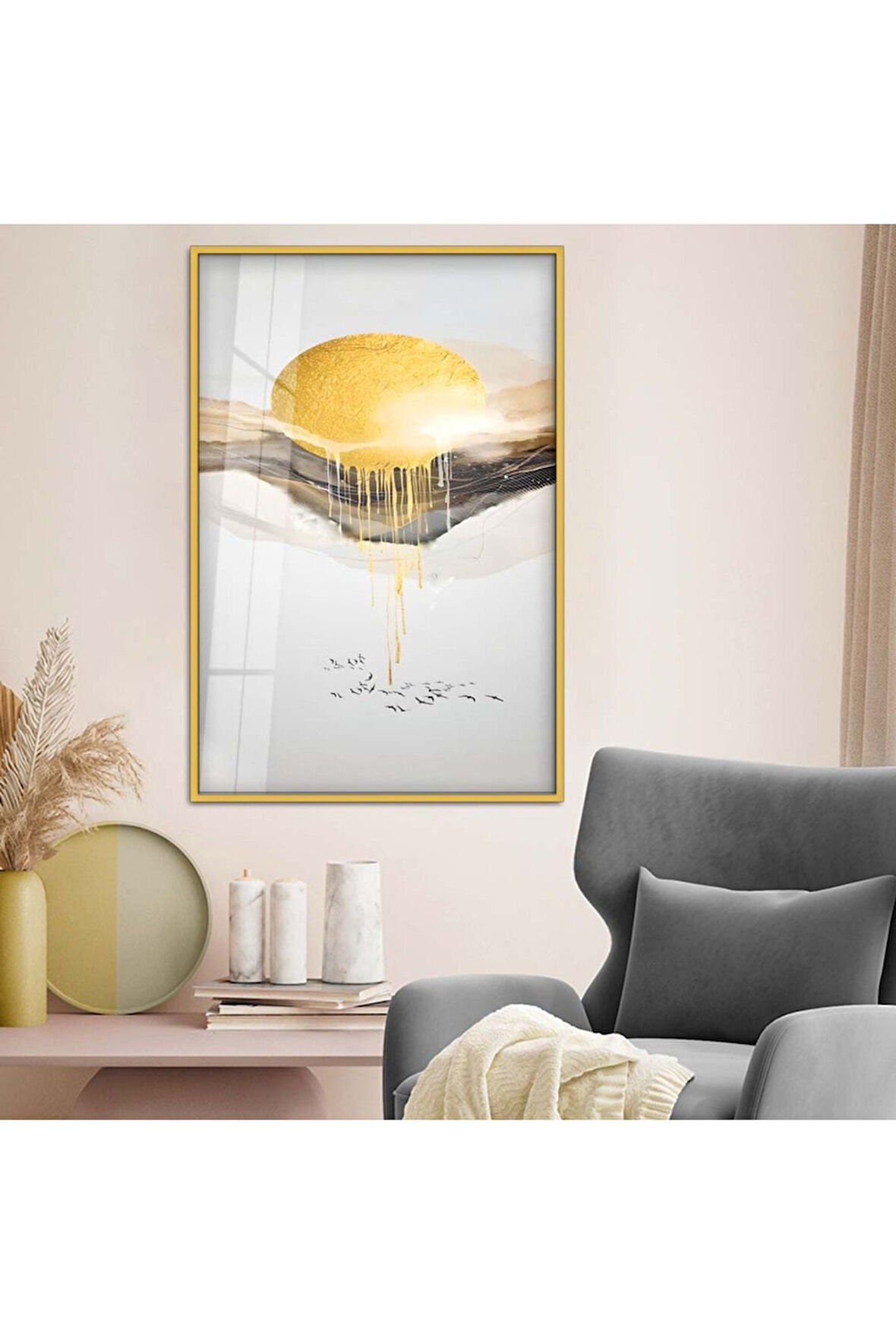 Gümüş Metal Çerçeveli Kolaj Çizim Soyut Tema Kırılmaz Cam Tablo