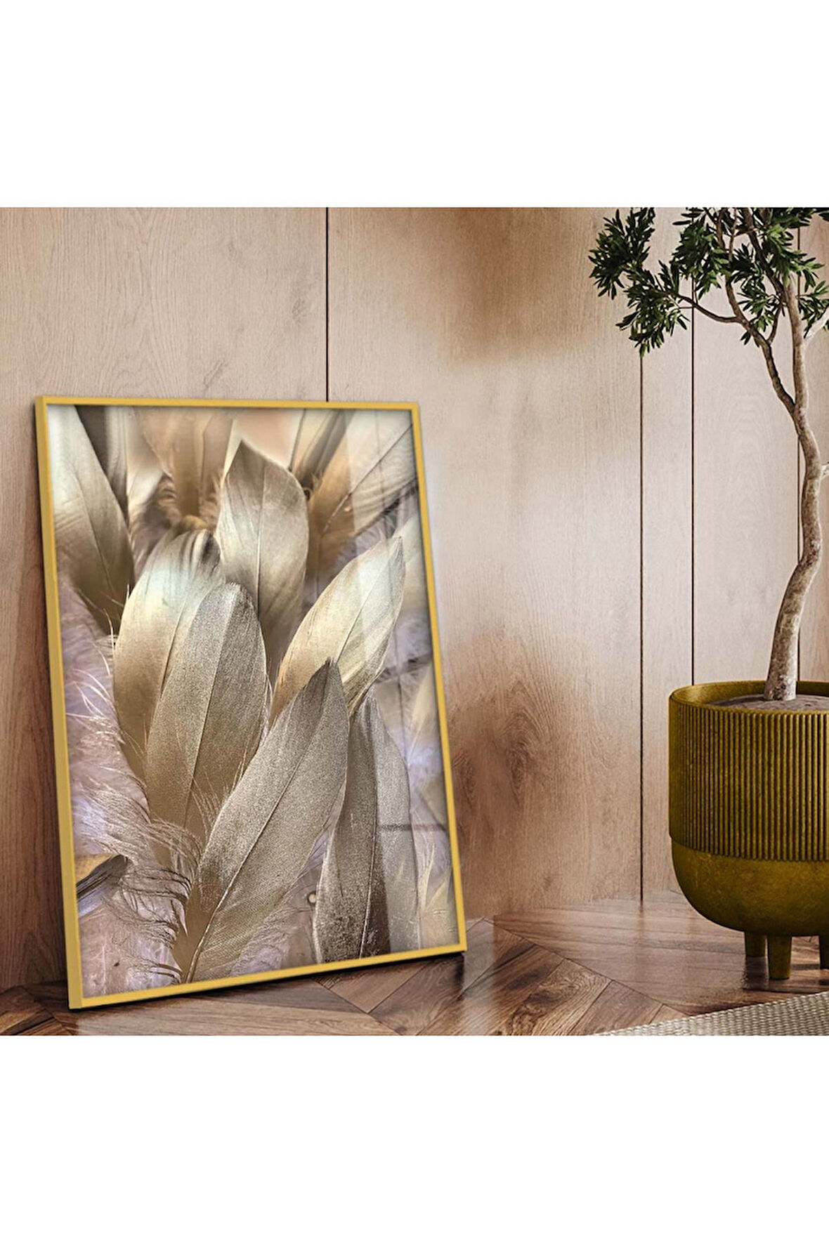 Gold Metal Çerçeveli Kuş Tüyü Kırılmaz Cam Tablo
