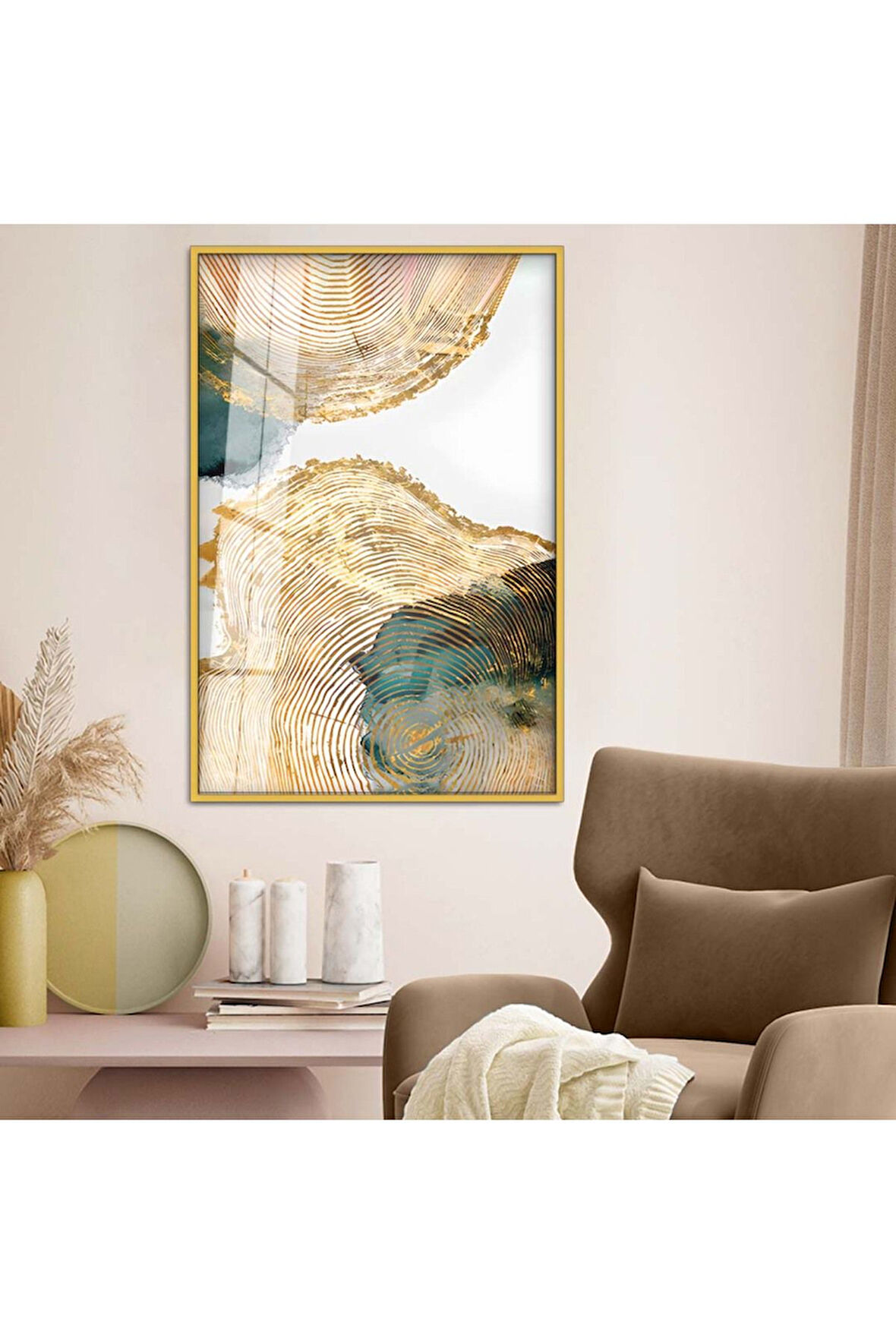 Gümüş Metal Çerçeveli Soyut Çizim Kırılmaz Cam Tablo