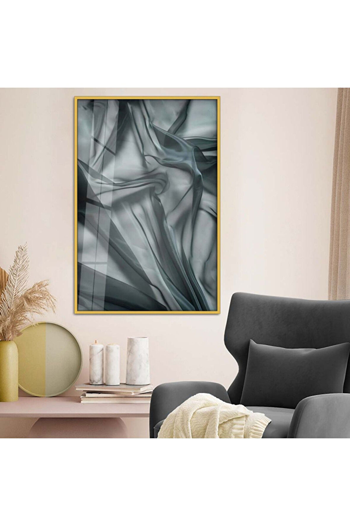 Gümüş Metal Çerçeveli Soyut Tema Modern Çizim Kırılmaz Cam Tablo