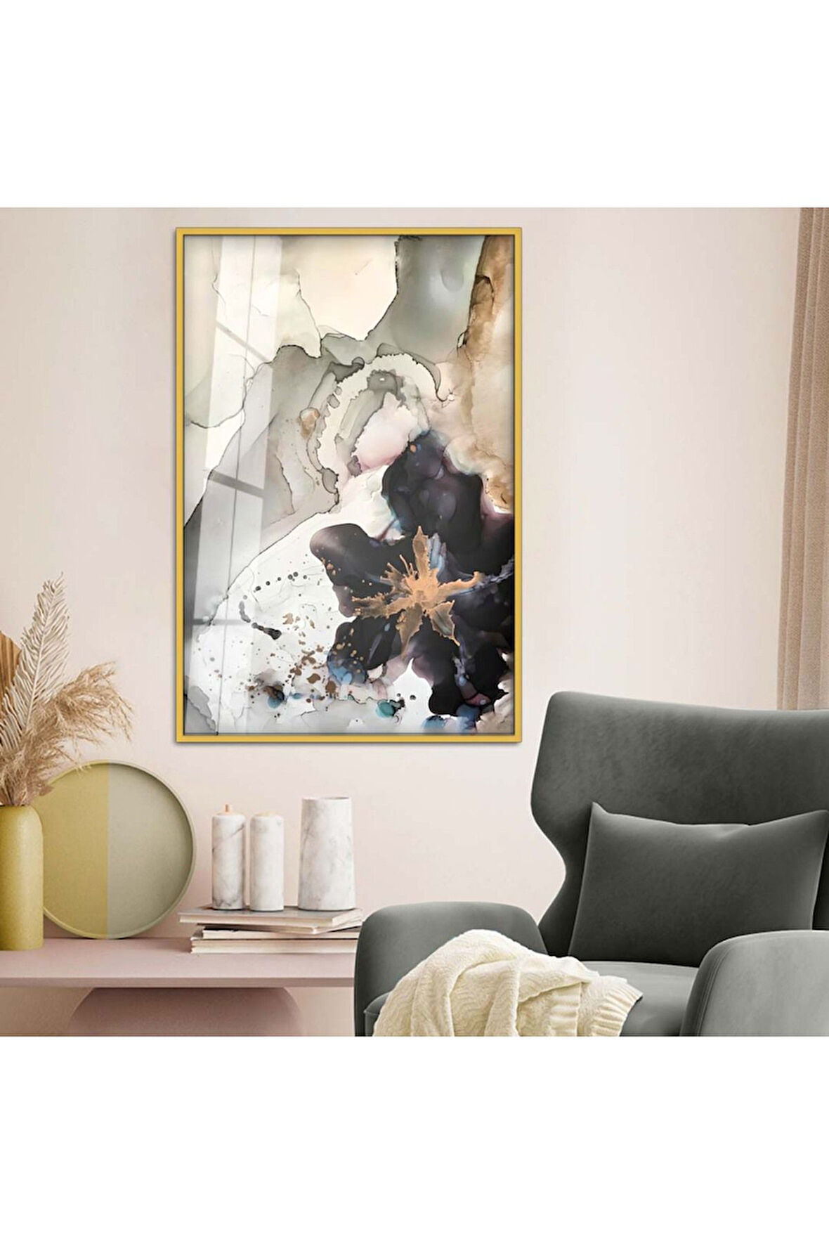 Siyah Metal Çerçeveli Soyut Tema Modern Çizim Kırılmaz Cam Tablo