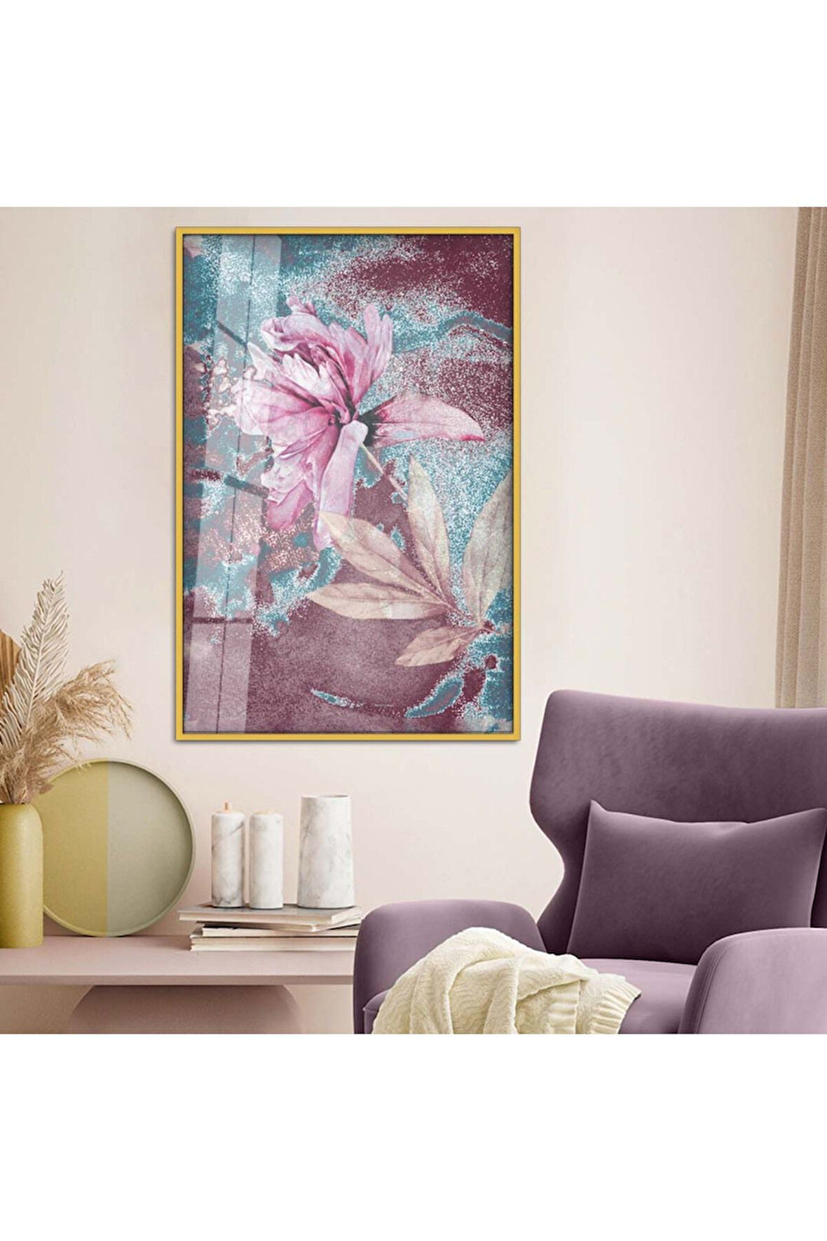 Gümüş Metal Çerçeveli Çiçek Desen Modern Çizim Kırılmaz Cam Tablo