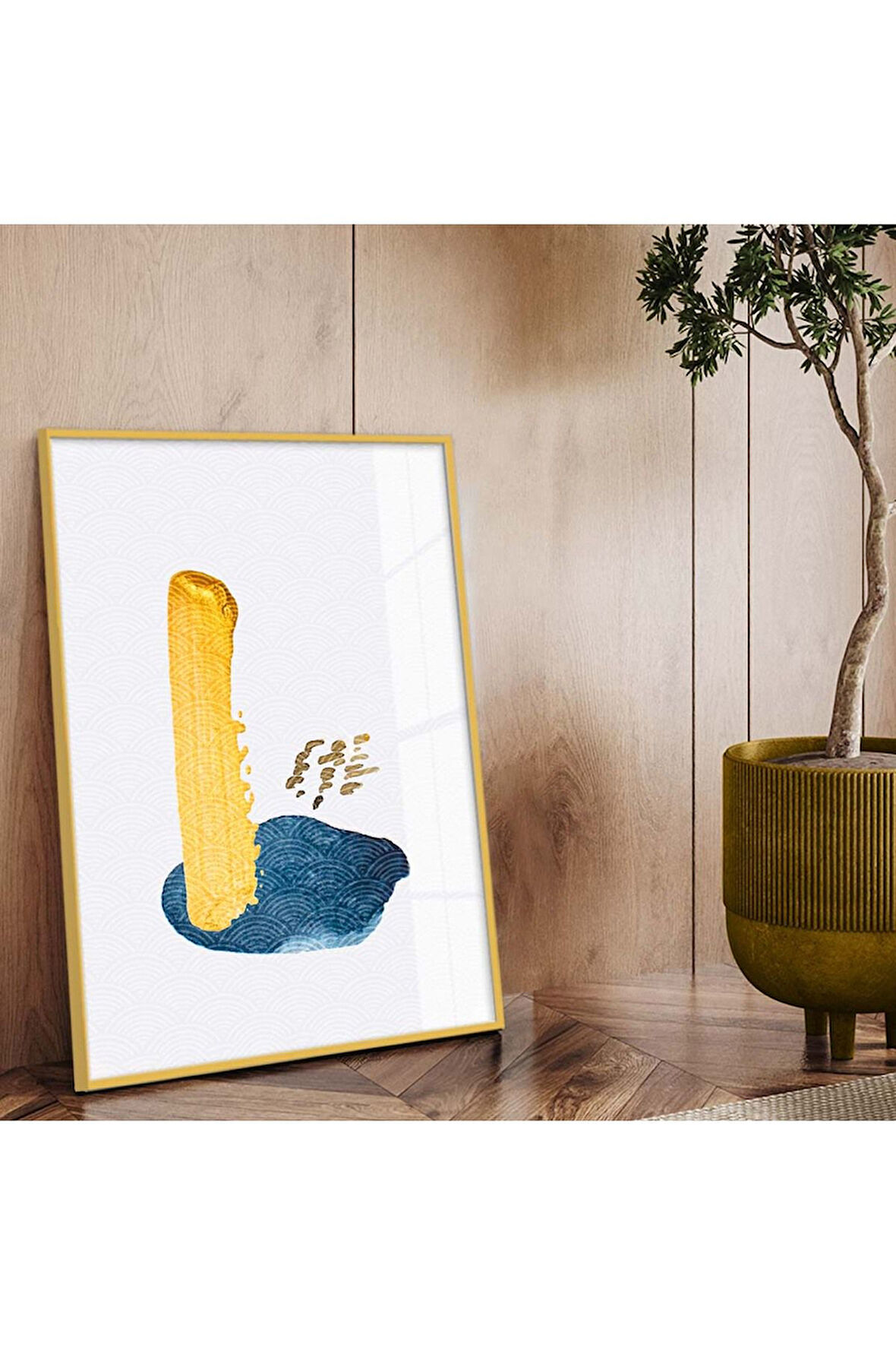 Gold Metal Çerçeveli Kolaj Çizim Soyut Tema Kırılmaz Cam Tablo