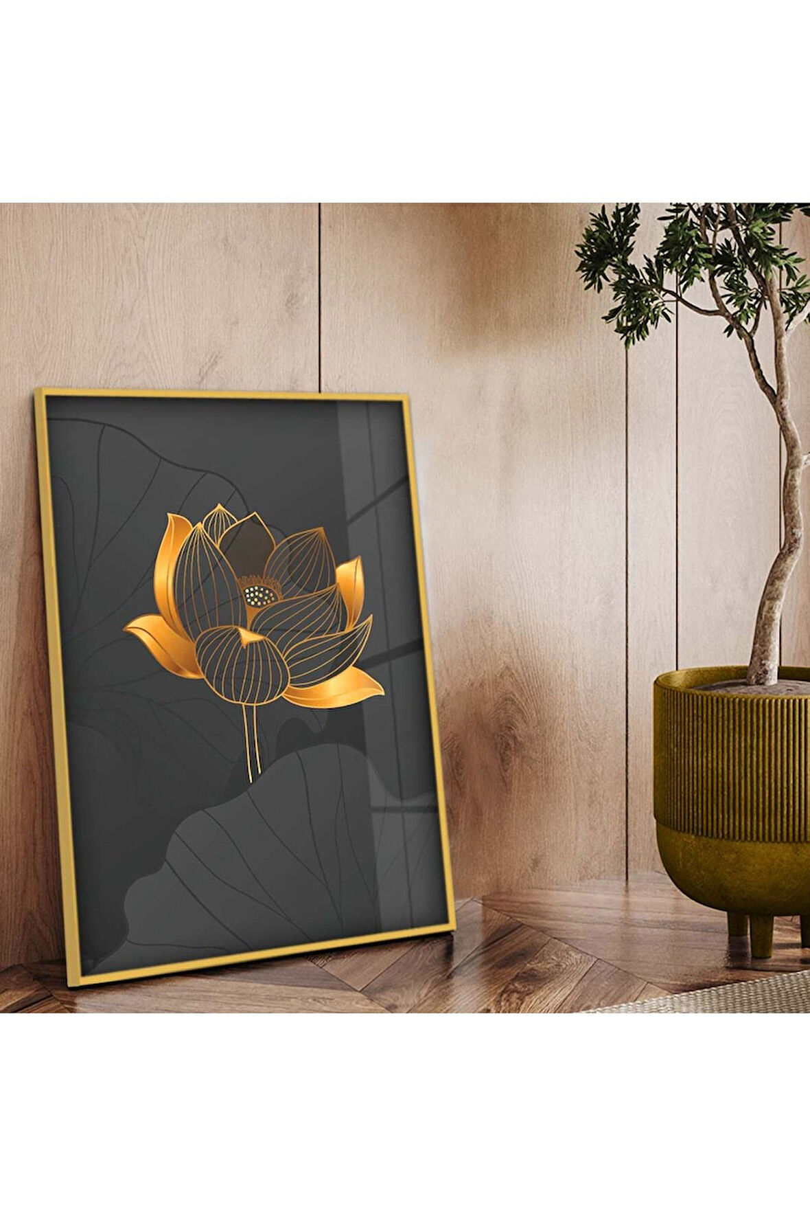 Gold Metal Çerçeveli Kolaj Çizim Çiçek Desen Kırılmaz Cam Tablo