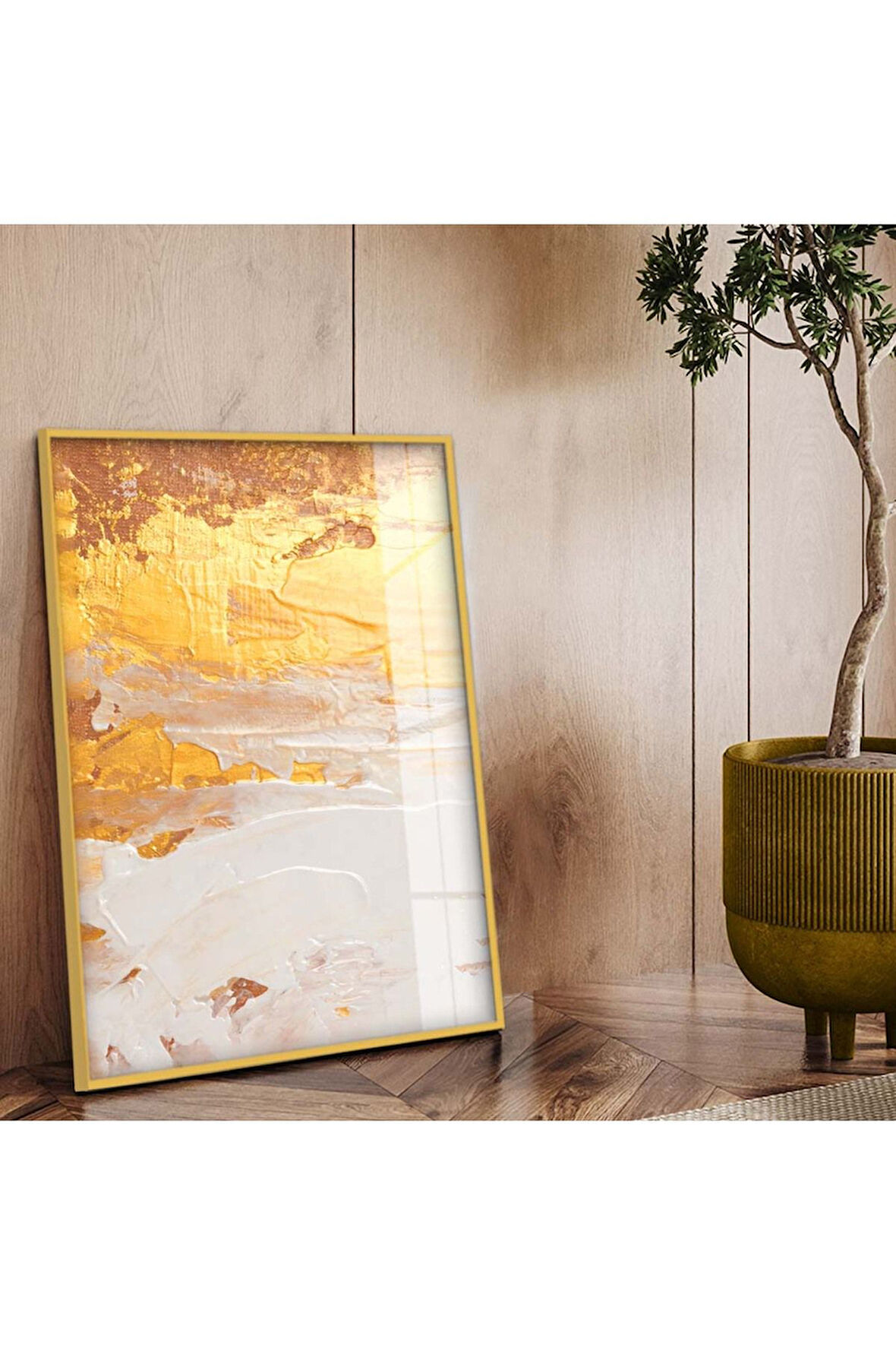 Gold Metal Çerçeveli Soyut Tema Modern Çizim Kırılmaz Cam Tablo