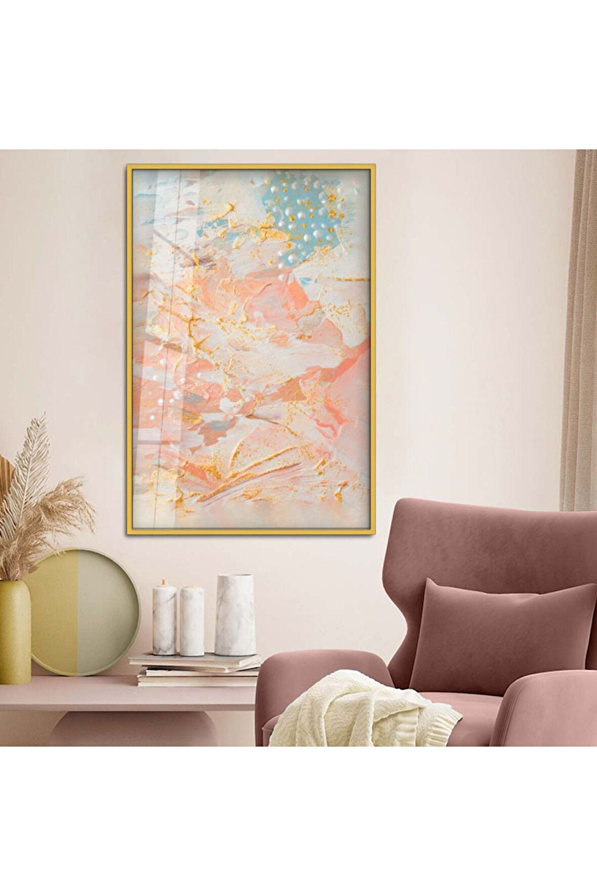 Gümüş Metal Çerçeveli Soyut Tema Renkli Desen Kırılmaz Cam Tablo