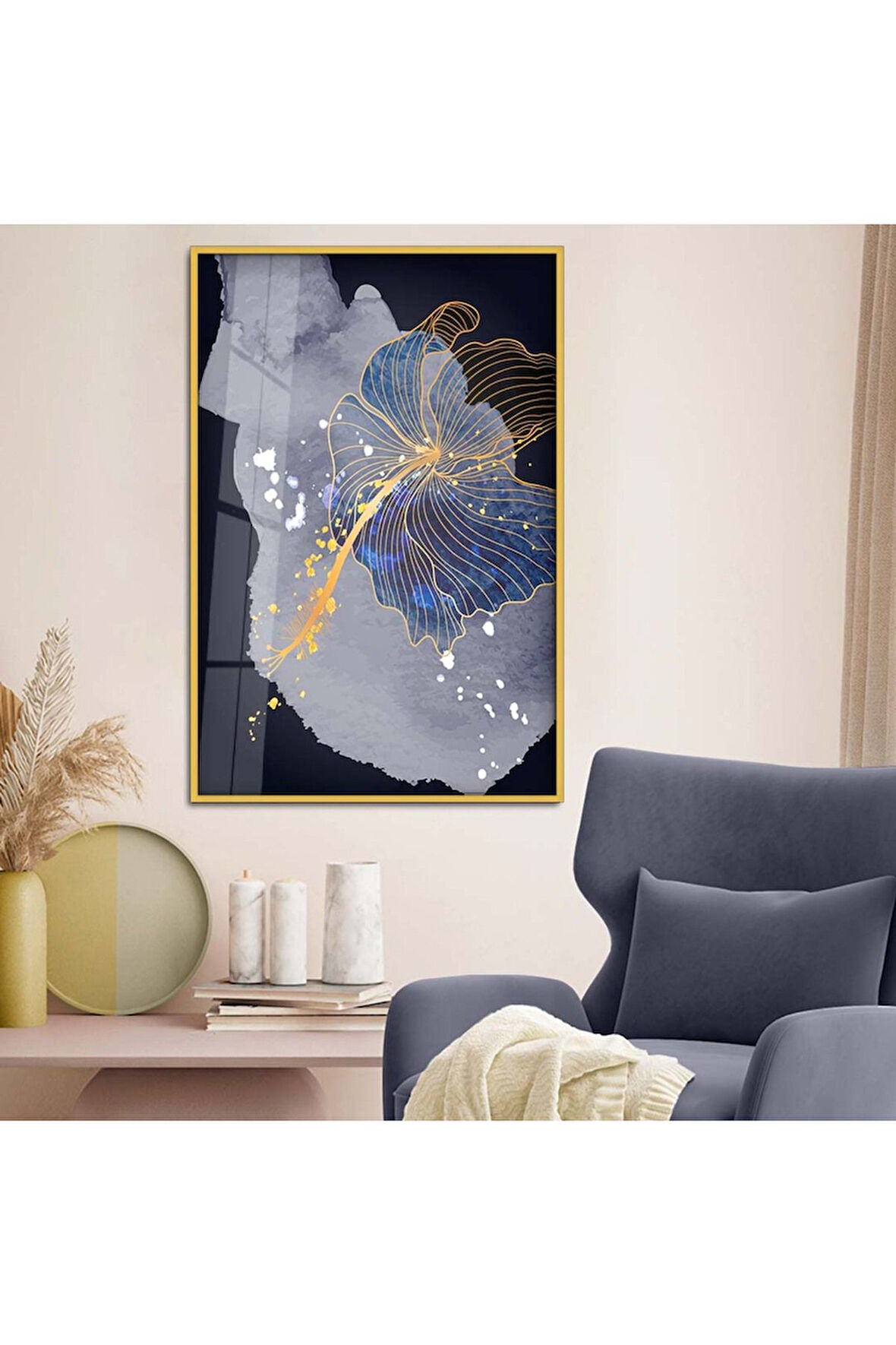 Siyah Metal Çerçeveli Kolaj Çizim Çiçek Tema Kırılmaz Cam Tablo