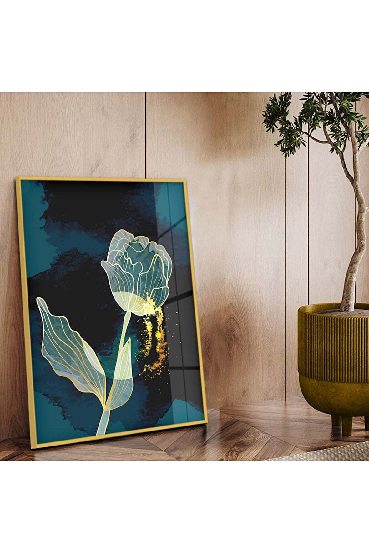 Gold Metal Çerçeveli Kolaj Çizim Çiçek Tema Kırılmaz Cam Tablo