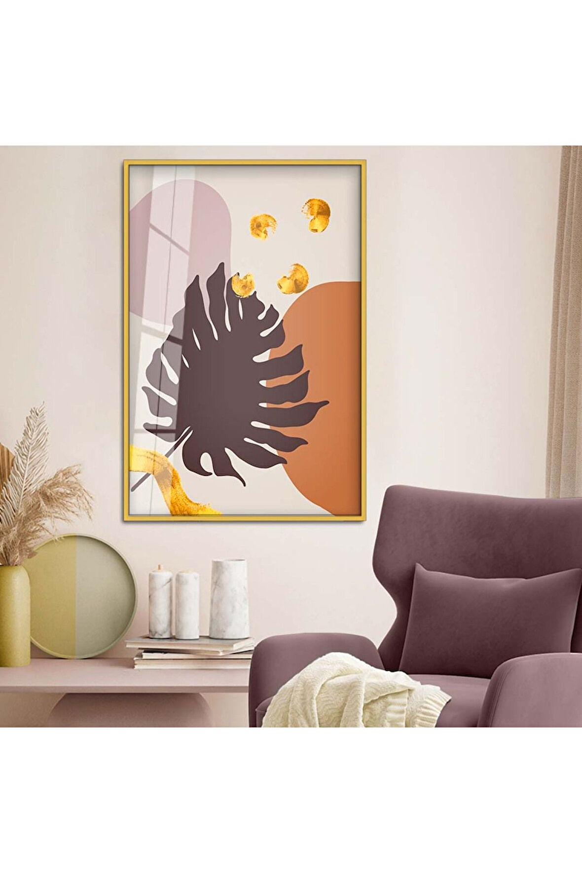 Gümüş Metal Çerçeveli Kolaj Çizim Yaprak Tema Kırılmaz Cam Tablo