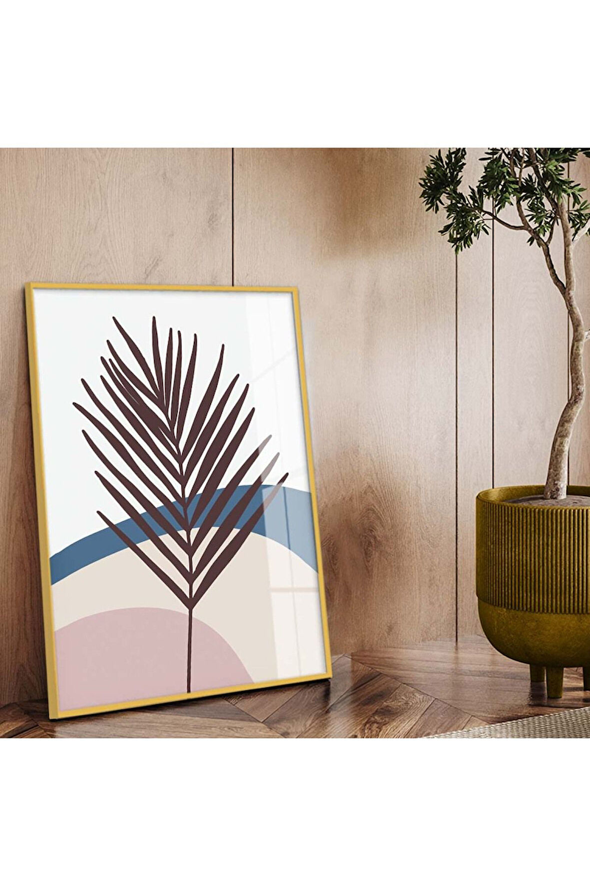 Gold Metal Çerçeveli Kolaj Çizim Yaprak Tema Kırılmaz Cam Tablo