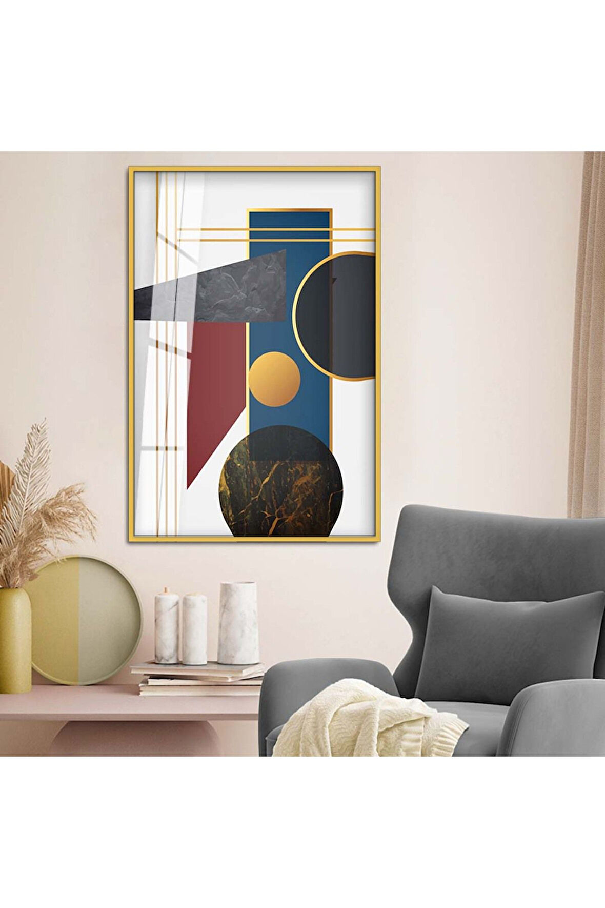 Siyah Metal Çerçeveli Modern Çizim Geometrik Desen Kırılmaz Cam Tablo