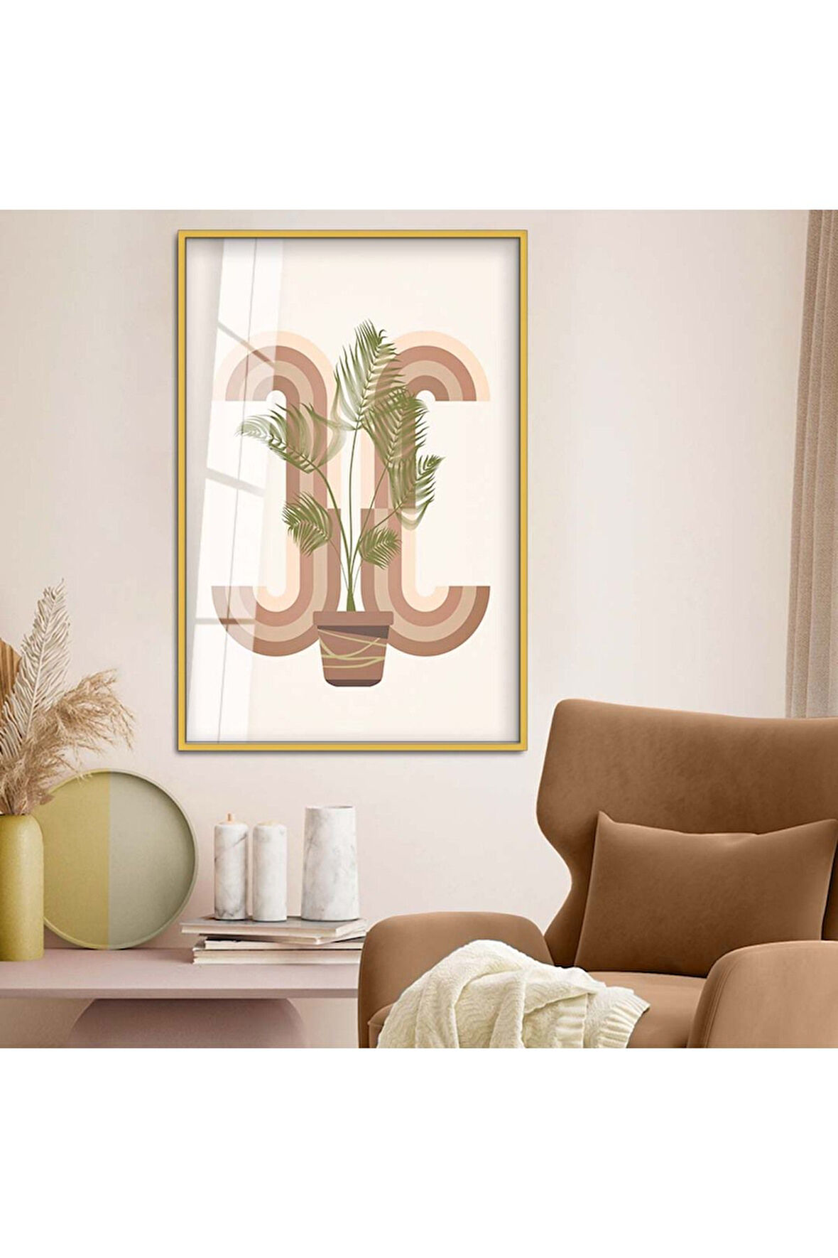 Gümüş Metal Çerçeveli Modern Çizim Bitki Tema Kırılmaz Cam Tablo