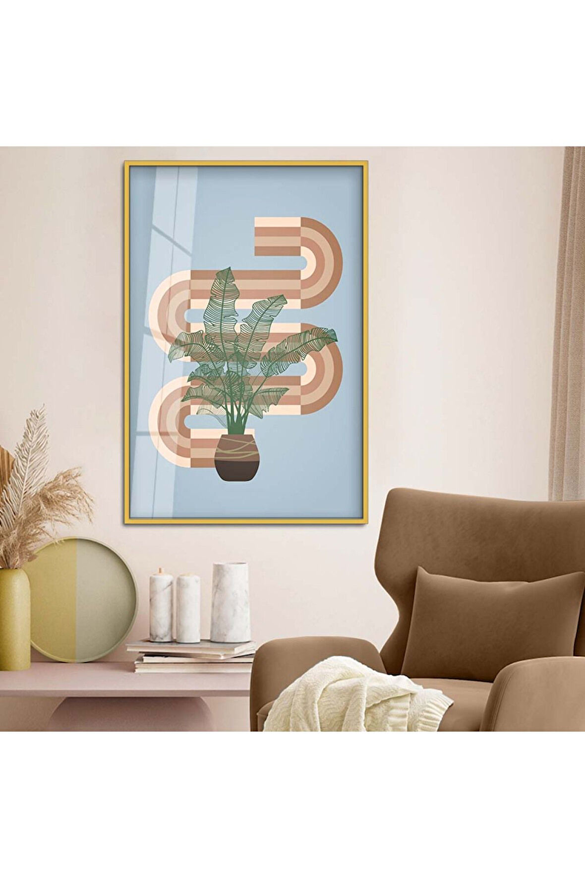 Gümüş Metal Çerçeveli Modern Çizim Bitki Tema Kırılmaz Cam Tablo