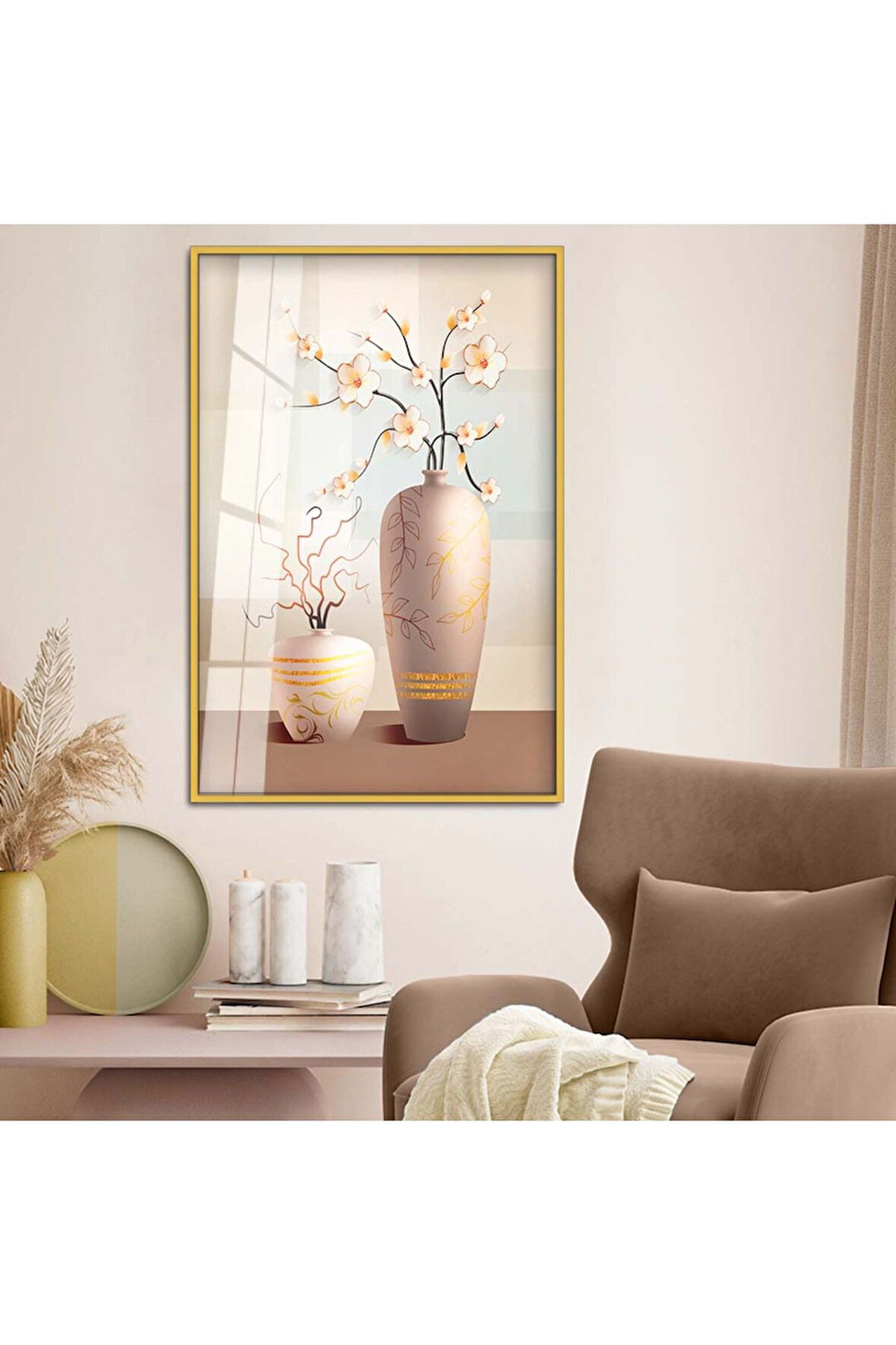 Gümüş Metal Çerçeveli Modern Çizim Vazo Tema Kırılmaz Cam Tablo