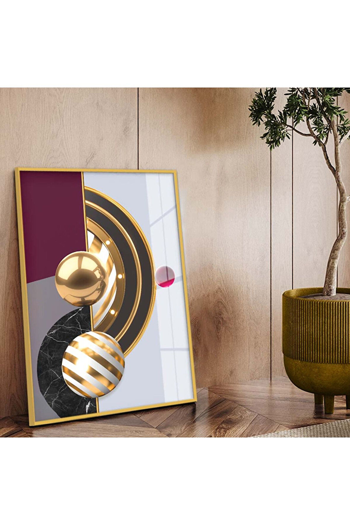 Gold Metal Çerçeveli Geometrik Çizim Soyut Tema Kırılmaz Cam Tablo